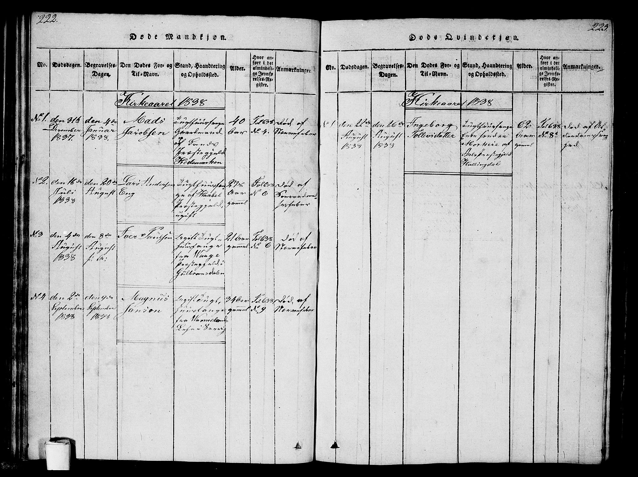 Kristiania tukthusprest Kirkebøker, AV/SAO-A-10881/G/Ga/L0001: Parish register (copy) no. 1, 1818-1857, p. 222-223