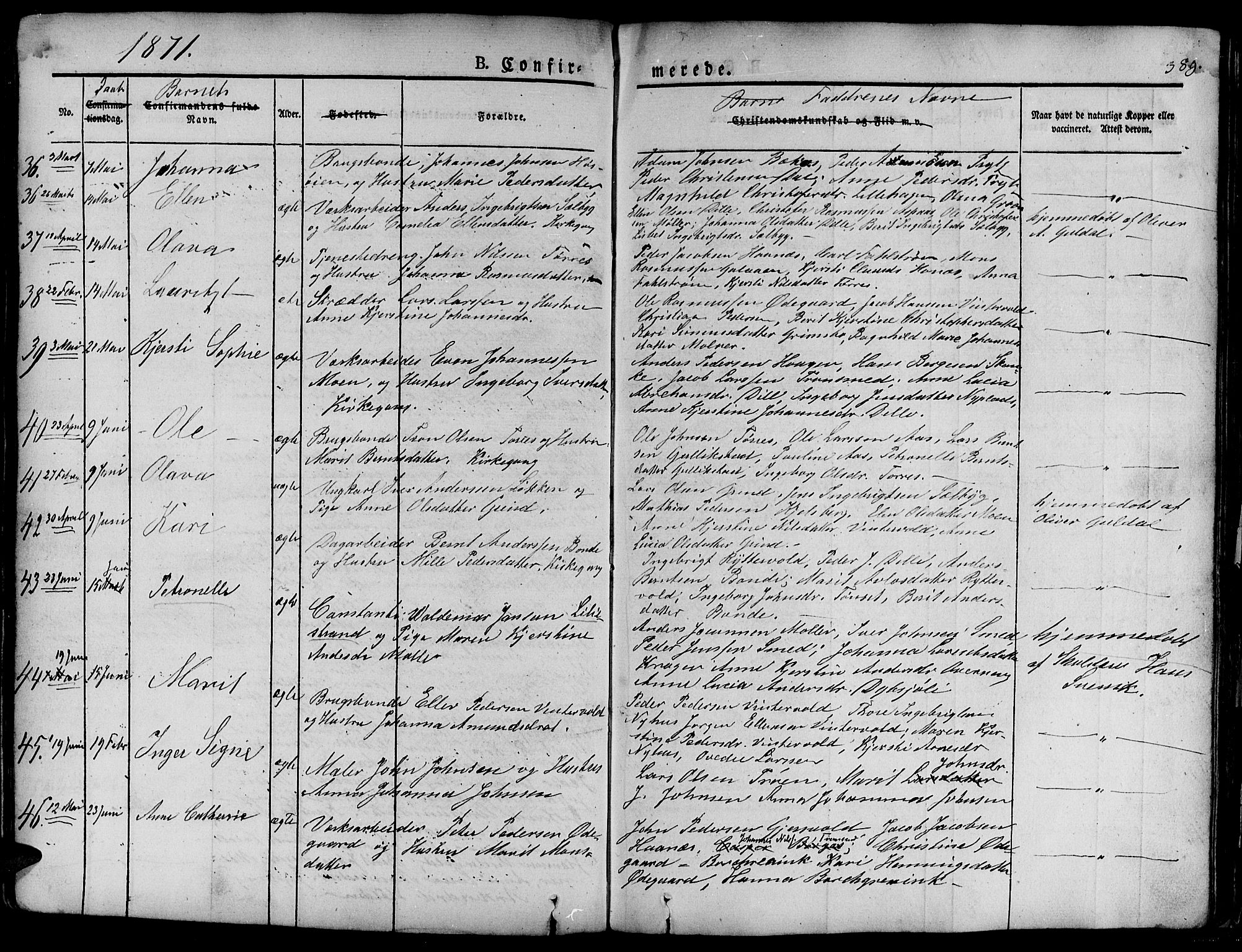 Ministerialprotokoller, klokkerbøker og fødselsregistre - Sør-Trøndelag, AV/SAT-A-1456/681/L0938: Parish register (copy) no. 681C02, 1829-1879, p. 389