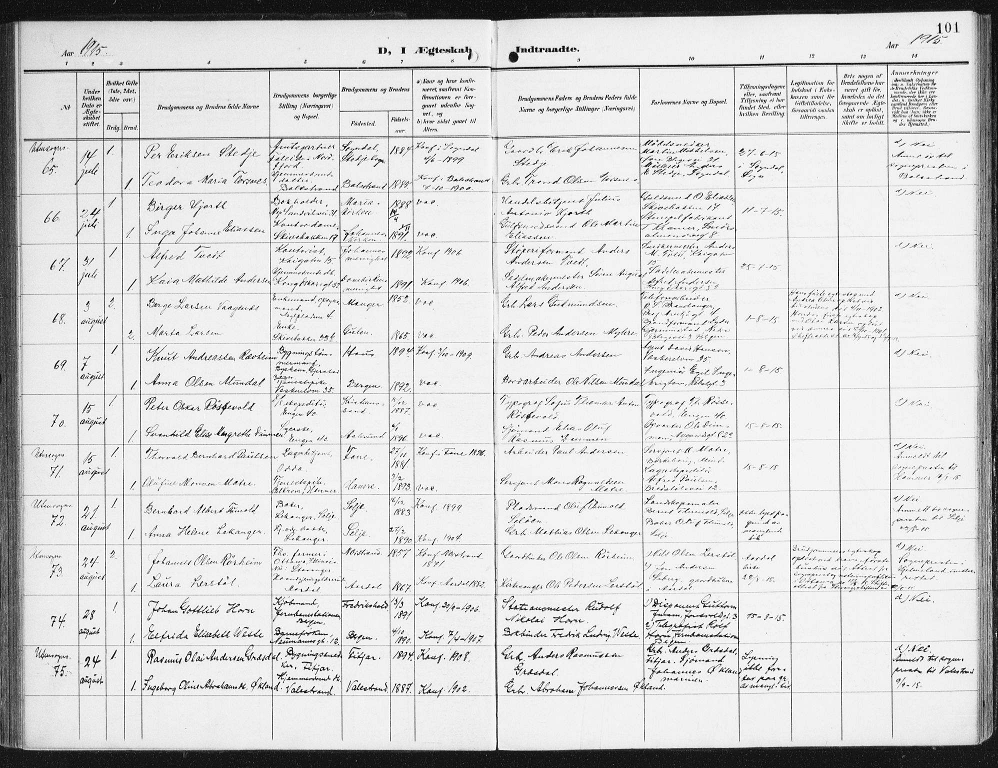 Domkirken sokneprestembete, AV/SAB-A-74801/H/Haa/L0038: Parish register (official) no. D 5, 1906-1921, p. 101