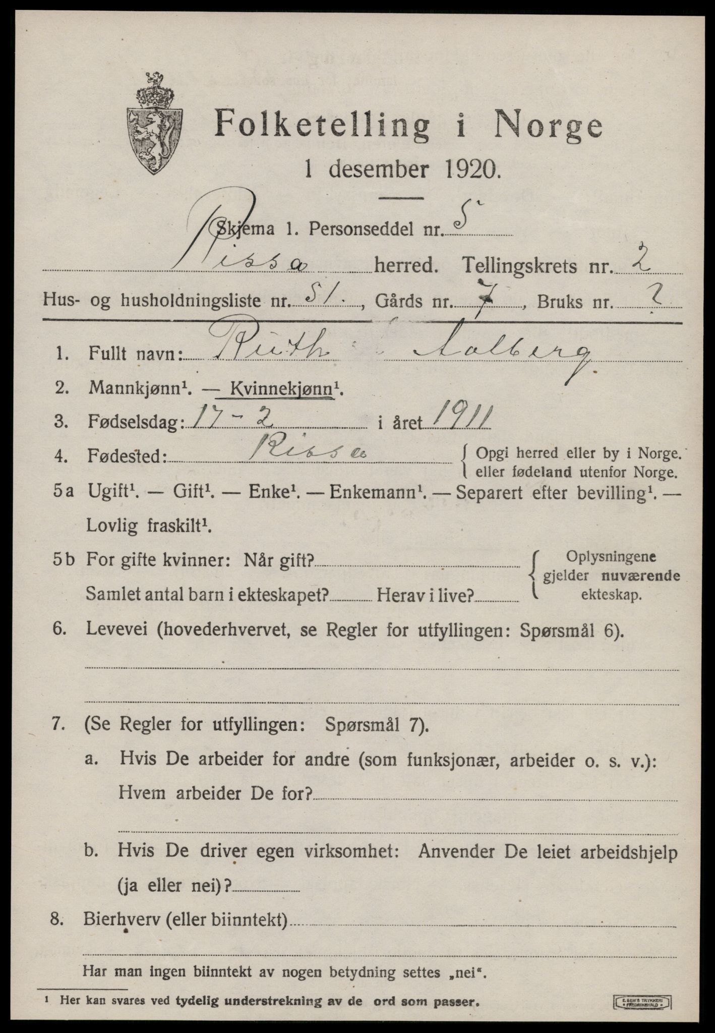 SAT, 1920 census for Rissa, 1920, p. 2305