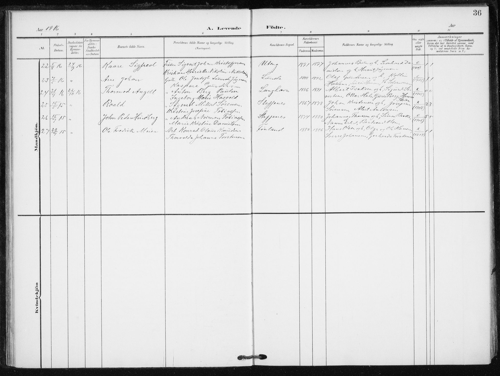 Tranøy sokneprestkontor, SATØ/S-1313/I/Ia/Iaa/L0013kirke: Parish register (official) no. 13, 1905-1922, p. 36