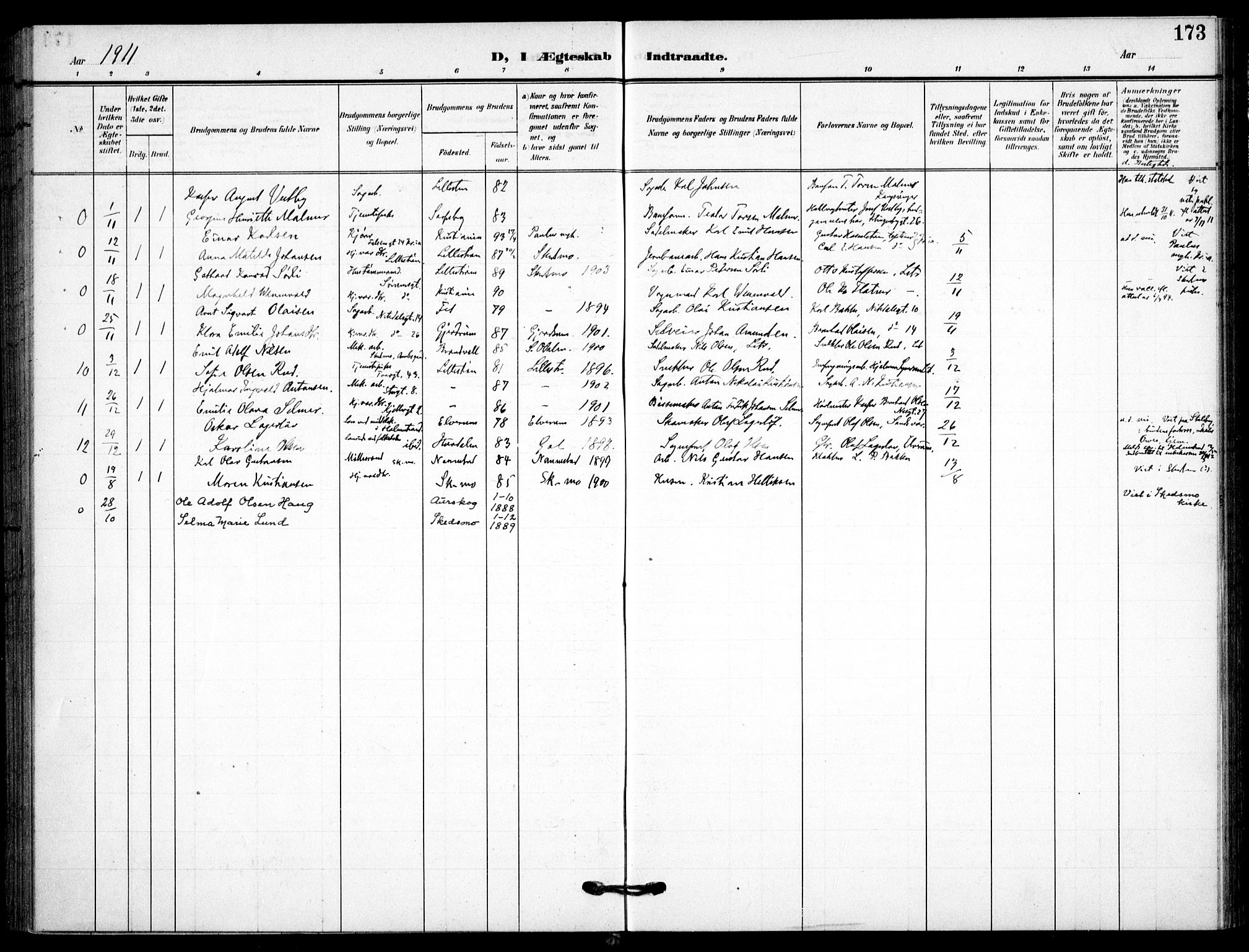 Skedsmo prestekontor Kirkebøker, AV/SAO-A-10033a/F/Fc/L0001: Parish register (official) no. III 1, 1908-1916, p. 173