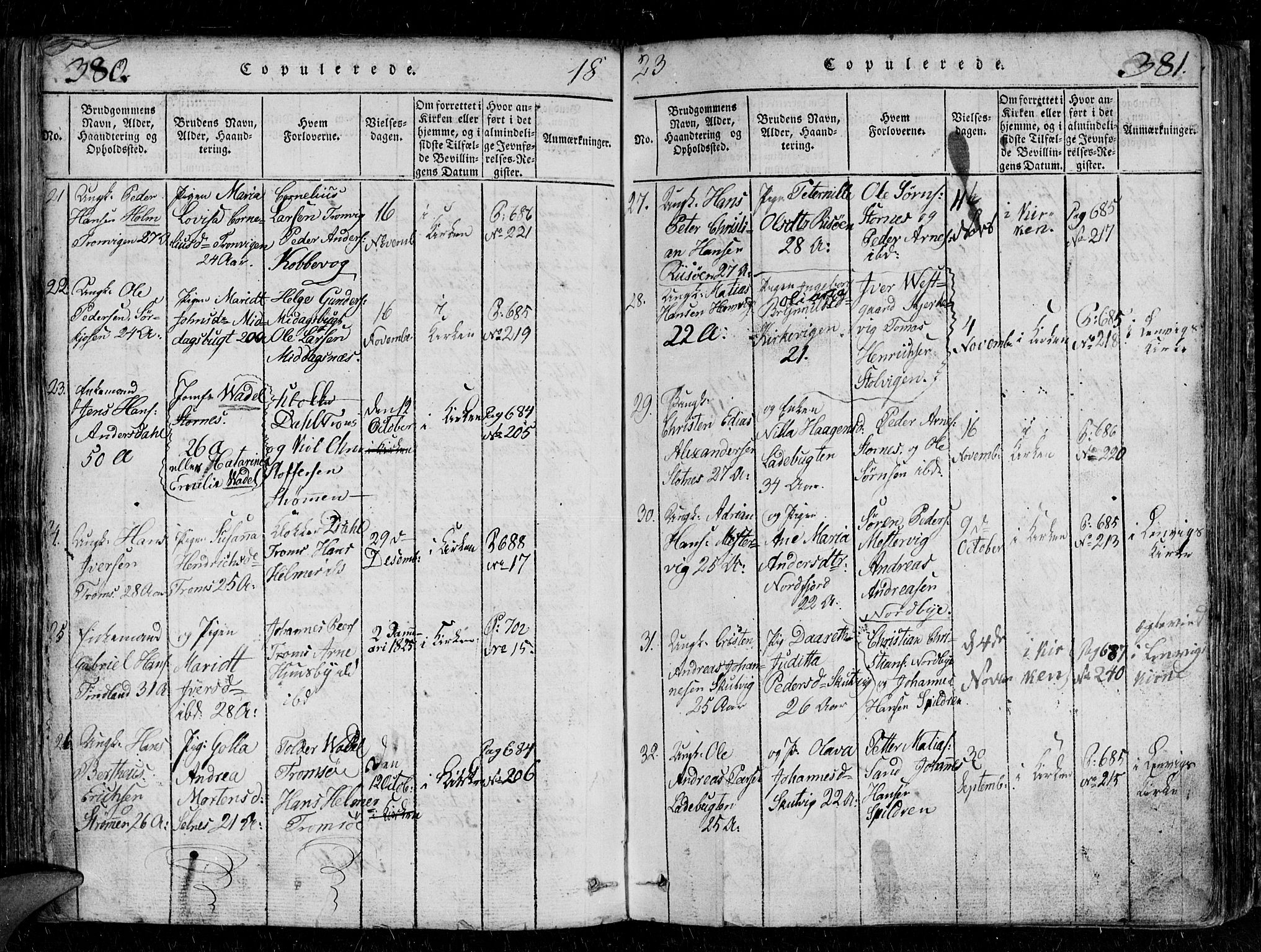 Tromsø sokneprestkontor/stiftsprosti/domprosti, AV/SATØ-S-1343/G/Gb/L0001klokker: Parish register (copy) no. 1, 1821-1833, p. 380-381