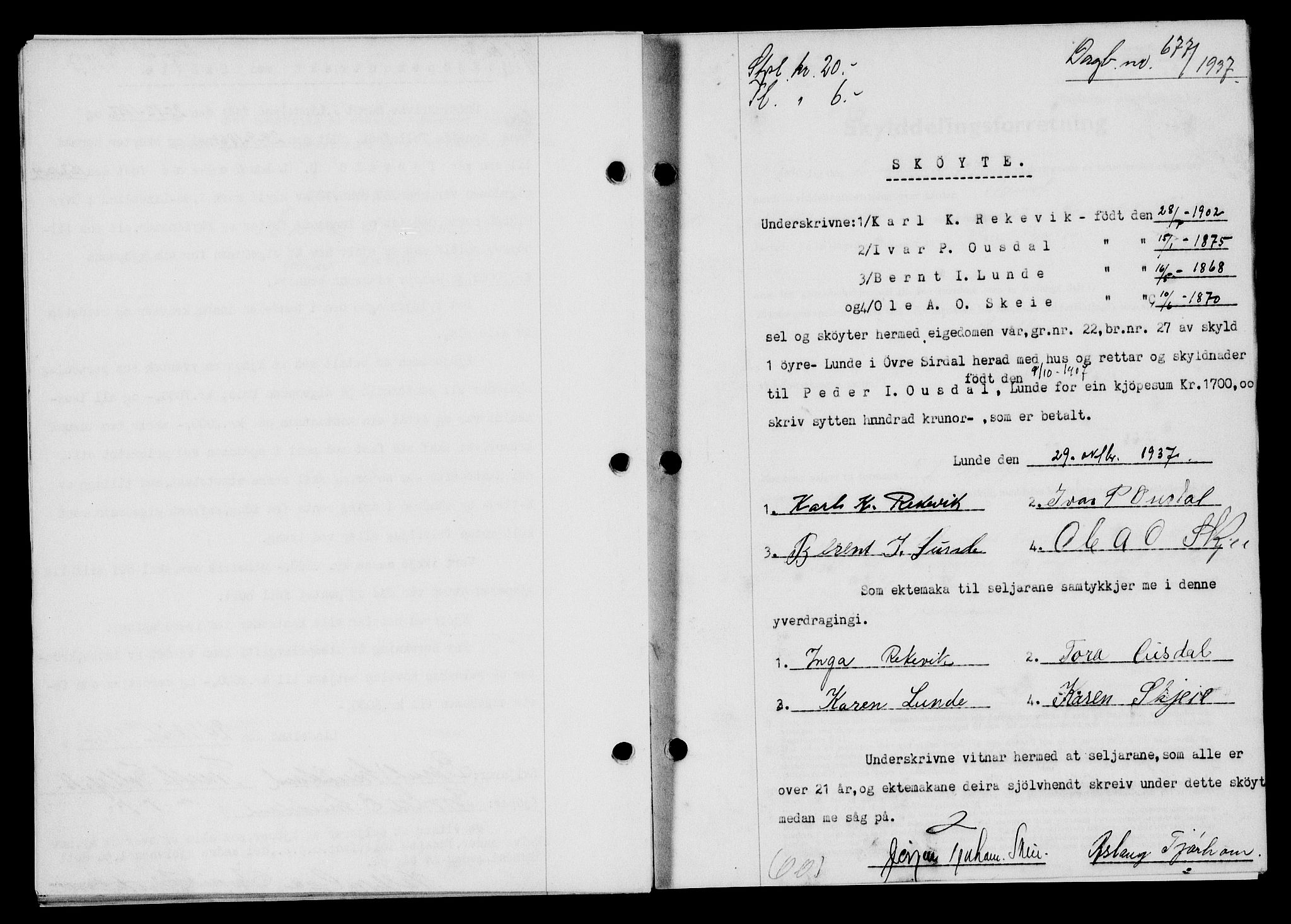 Flekkefjord sorenskriveri, AV/SAK-1221-0001/G/Gb/Gba/L0054: Mortgage book no. A-2, 1937-1938, Diary no: : 677/1937