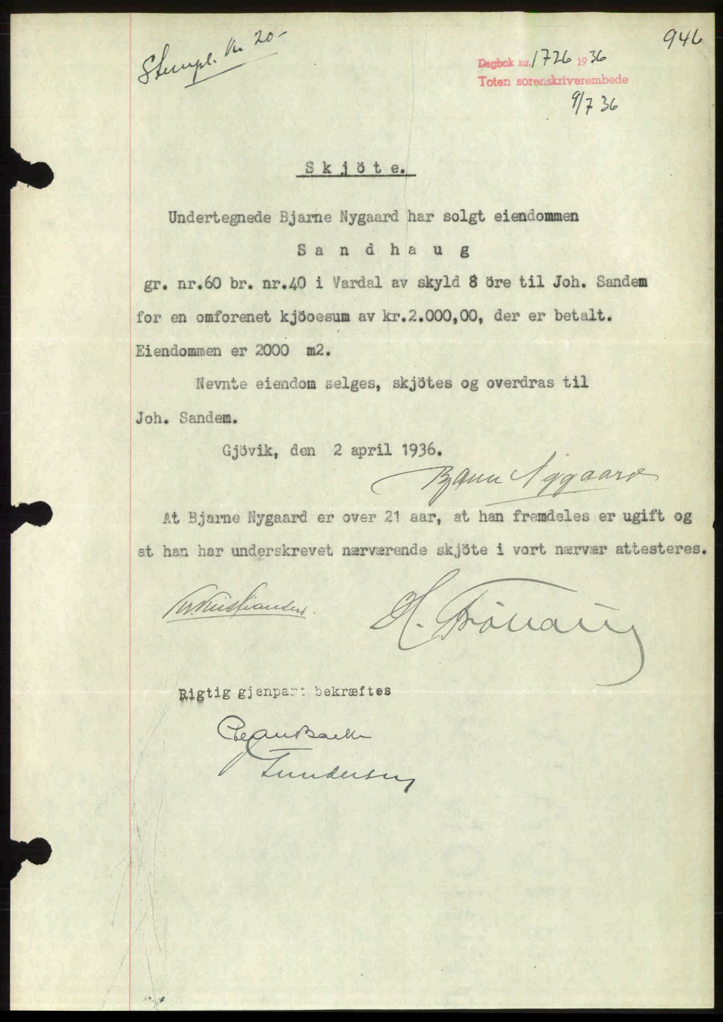 Toten tingrett, AV/SAH-TING-006/H/Hb/Hbc/L0001: Mortgage book no. Hbc-01, 1936-1936, Diary no: : 1726/1936