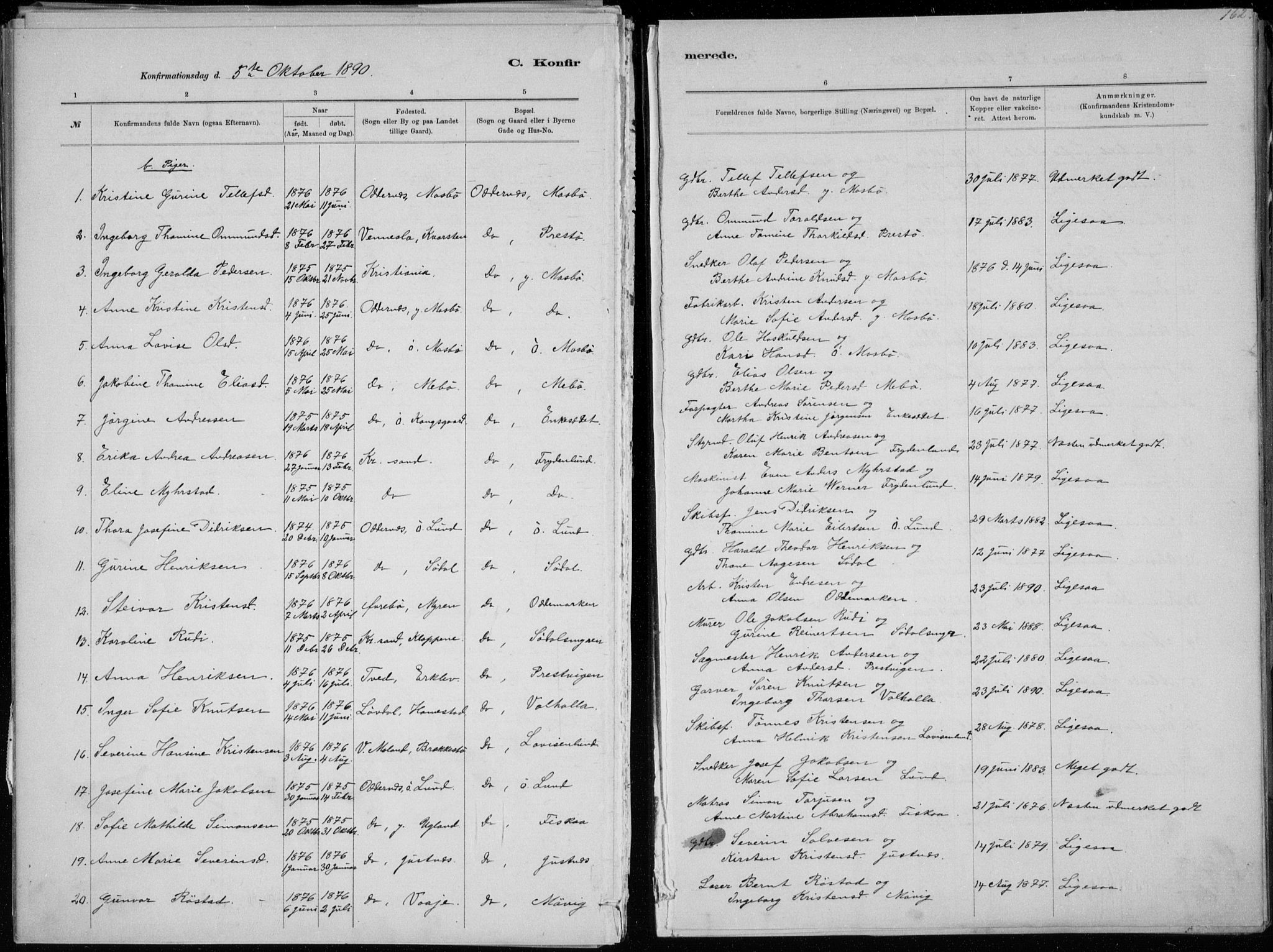 Oddernes sokneprestkontor, AV/SAK-1111-0033/F/Fa/Faa/L0009: Parish register (official) no. A 9, 1884-1896, p. 162