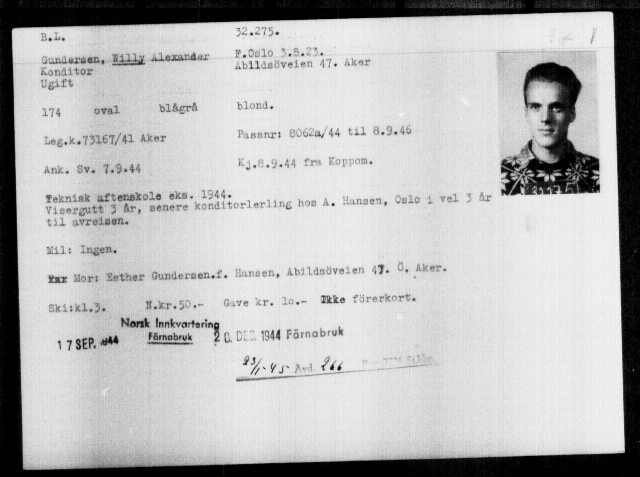 Utenriksstasjonene, Legasjonen i Stockholm, Flyktningkontoret, AV/RA-S-6753/V/Va/L0013: Kjesäterkartoteket, flyktninger med registreringsnr. 31500-34731, 1940-1945, p. 823