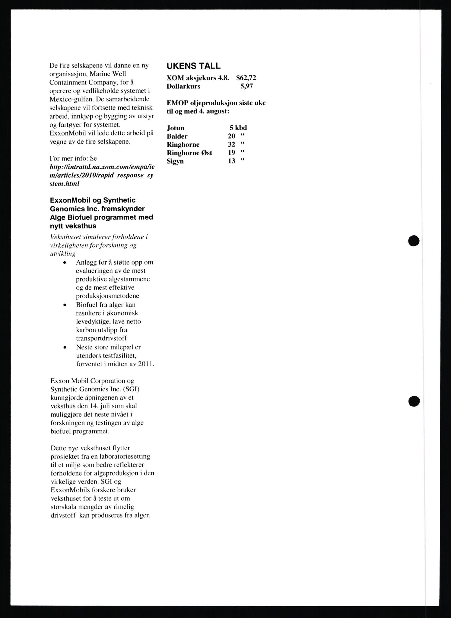 Pa 0982 - Esso Norge A/S, AV/SAST-A-100448/X/Xd/L0007: Ukenytt, 2007-2012