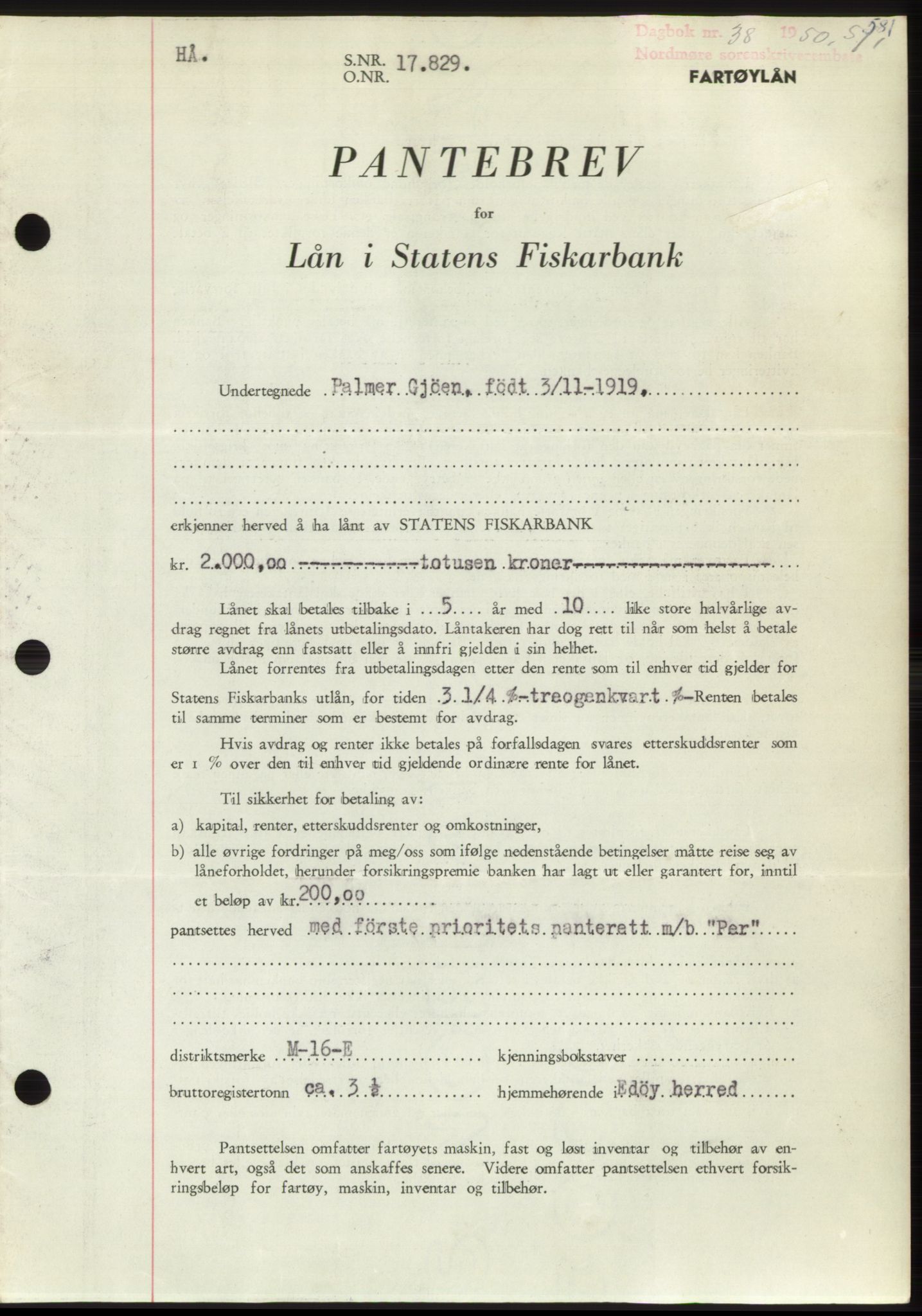 Nordmøre sorenskriveri, AV/SAT-A-4132/1/2/2Ca: Mortgage book no. B103, 1949-1950, Diary no: : 38/1950