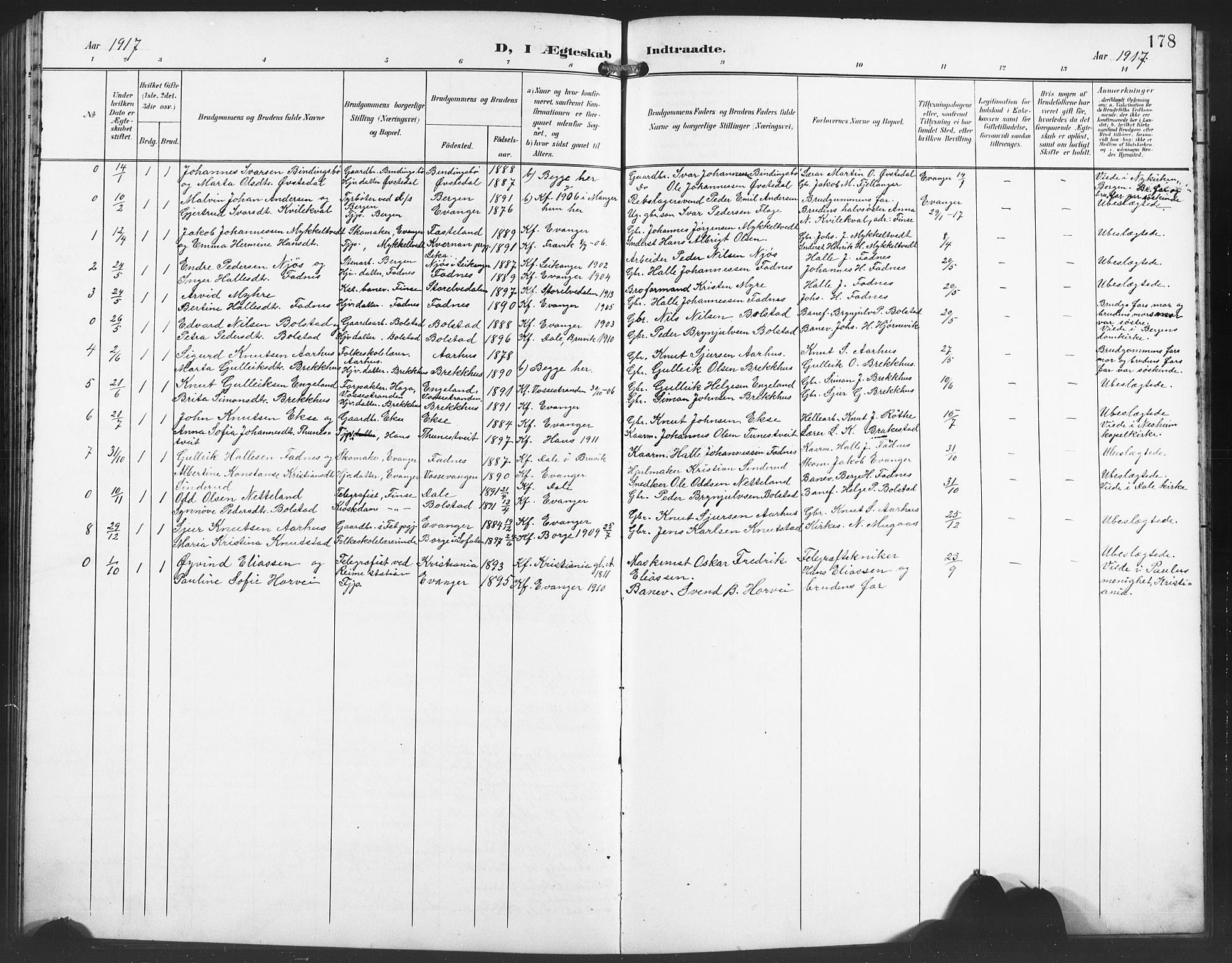 Evanger sokneprestembete, SAB/A-99924: Parish register (copy) no. A 5, 1897-1917, p. 178