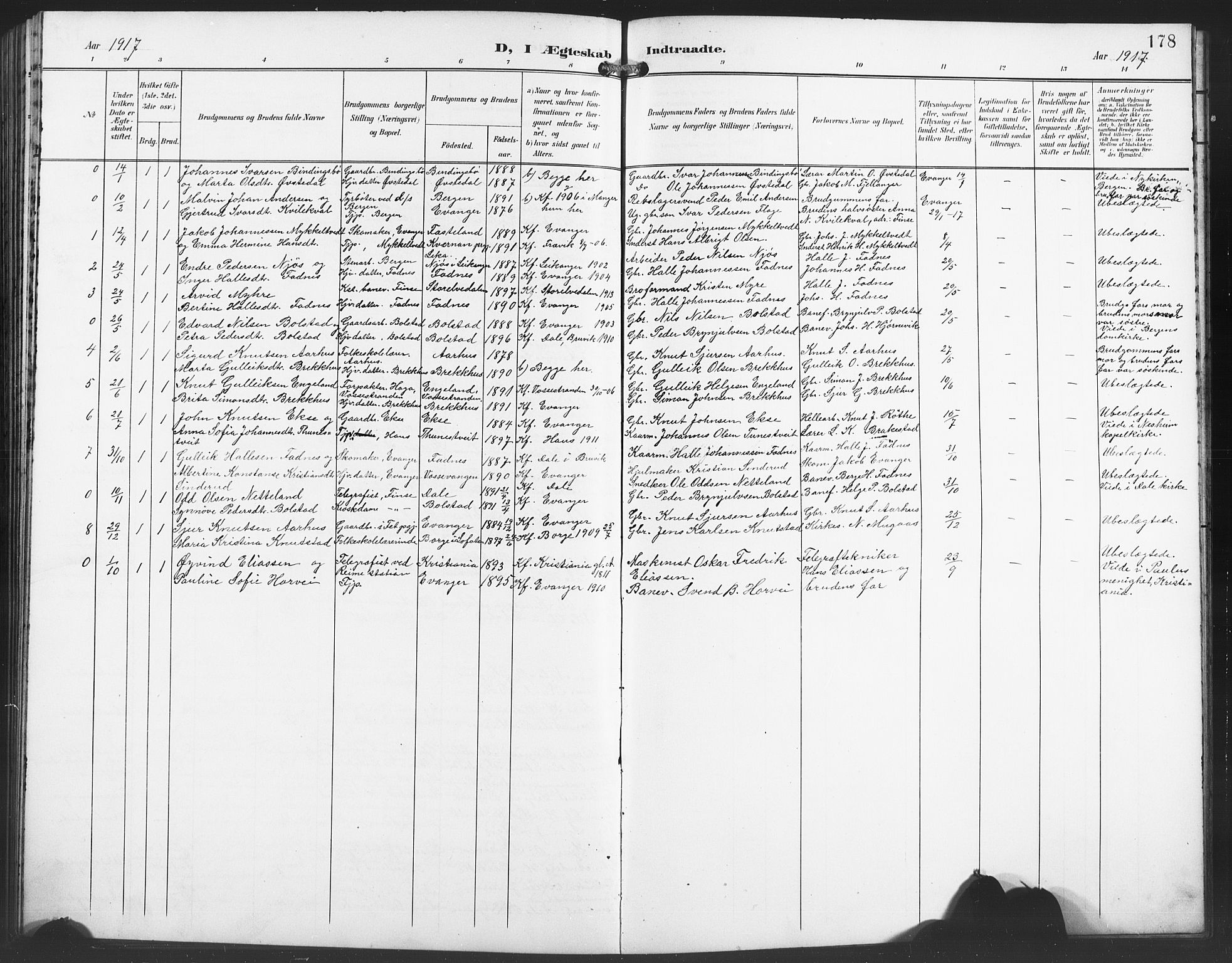 Evanger sokneprestembete, AV/SAB-A-99924: Parish register (copy) no. A 5, 1897-1917, p. 178