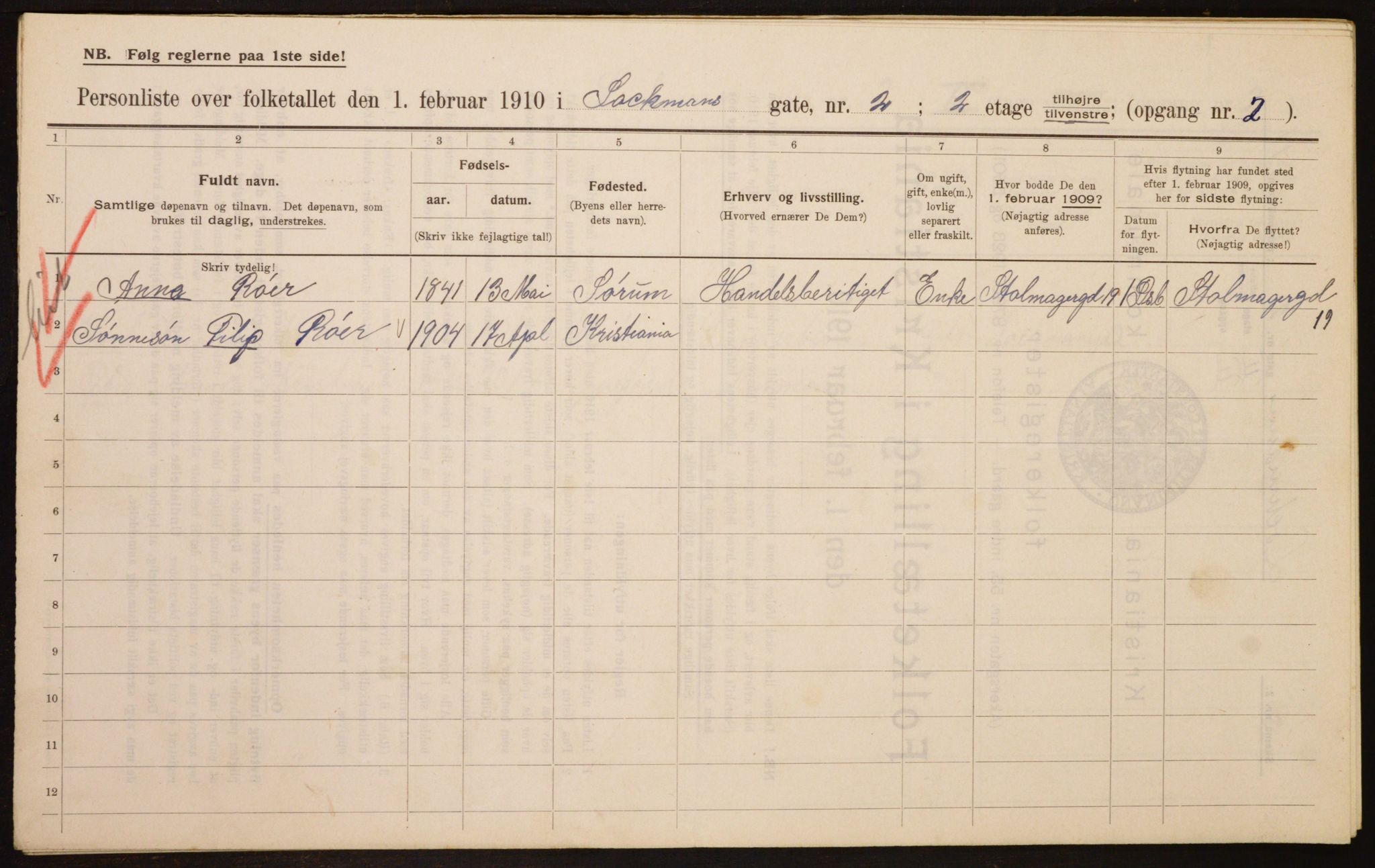 OBA, Municipal Census 1910 for Kristiania, 1910, p. 56217