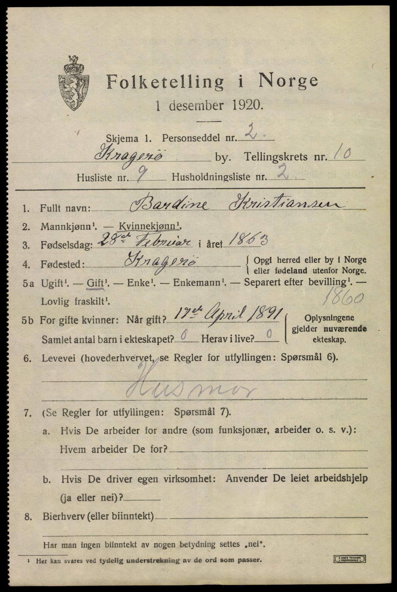 SAKO, 1920 census for Kragerø, 1920, p. 13109