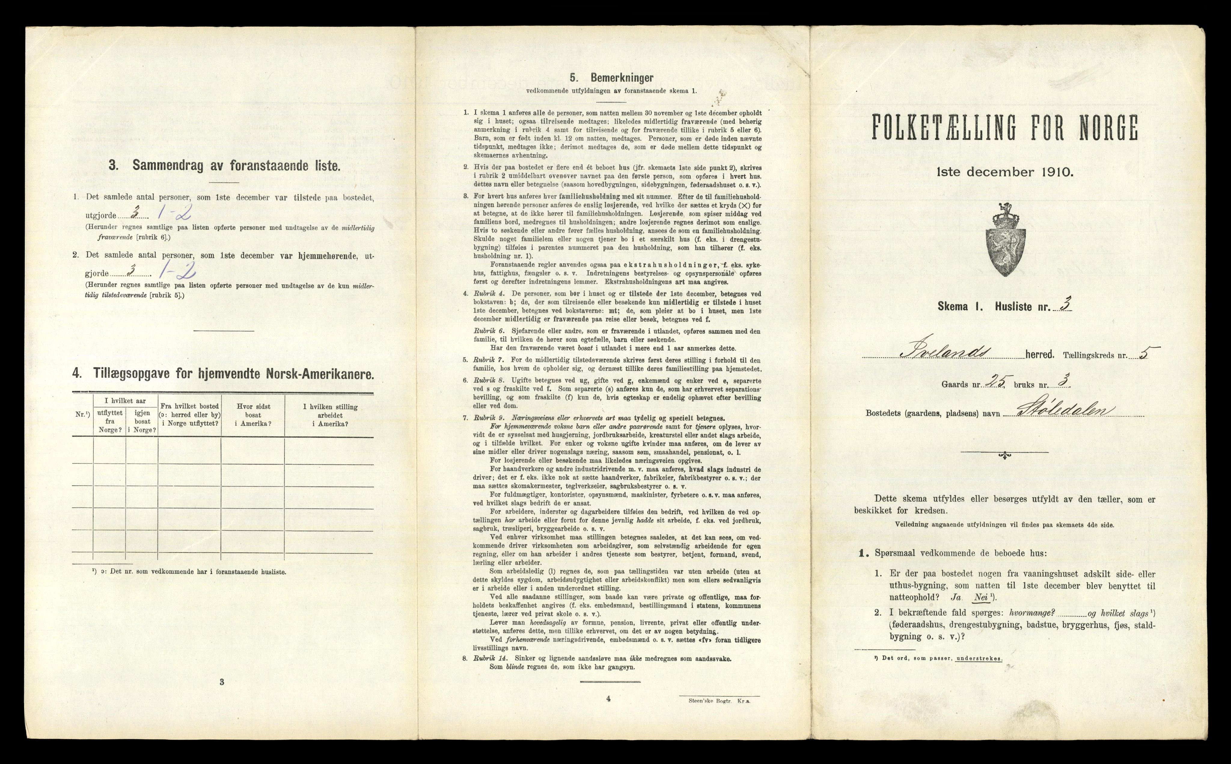 RA, 1910 census for Iveland, 1910, p. 225