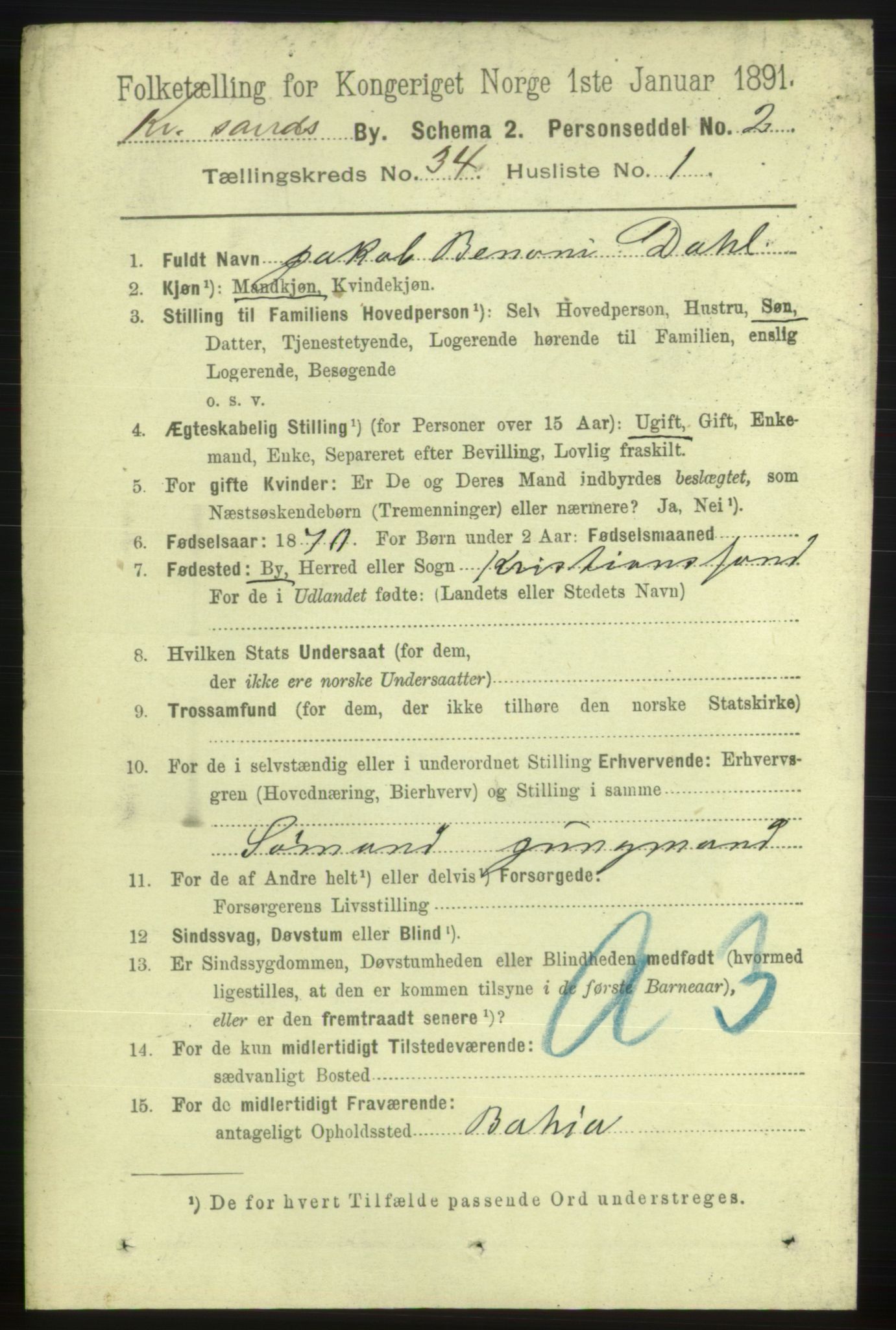 RA, 1891 census for 1001 Kristiansand, 1891, p. 10813