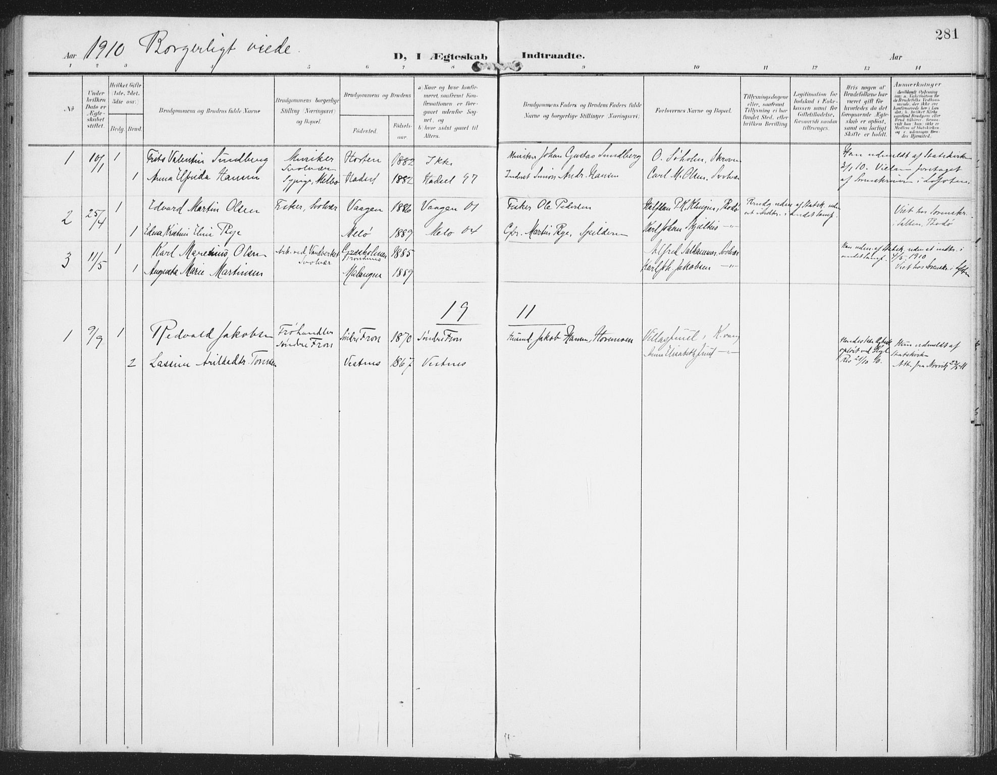 Ministerialprotokoller, klokkerbøker og fødselsregistre - Nordland, SAT/A-1459/874/L1063: Parish register (official) no. 874A07, 1907-1915, p. 281