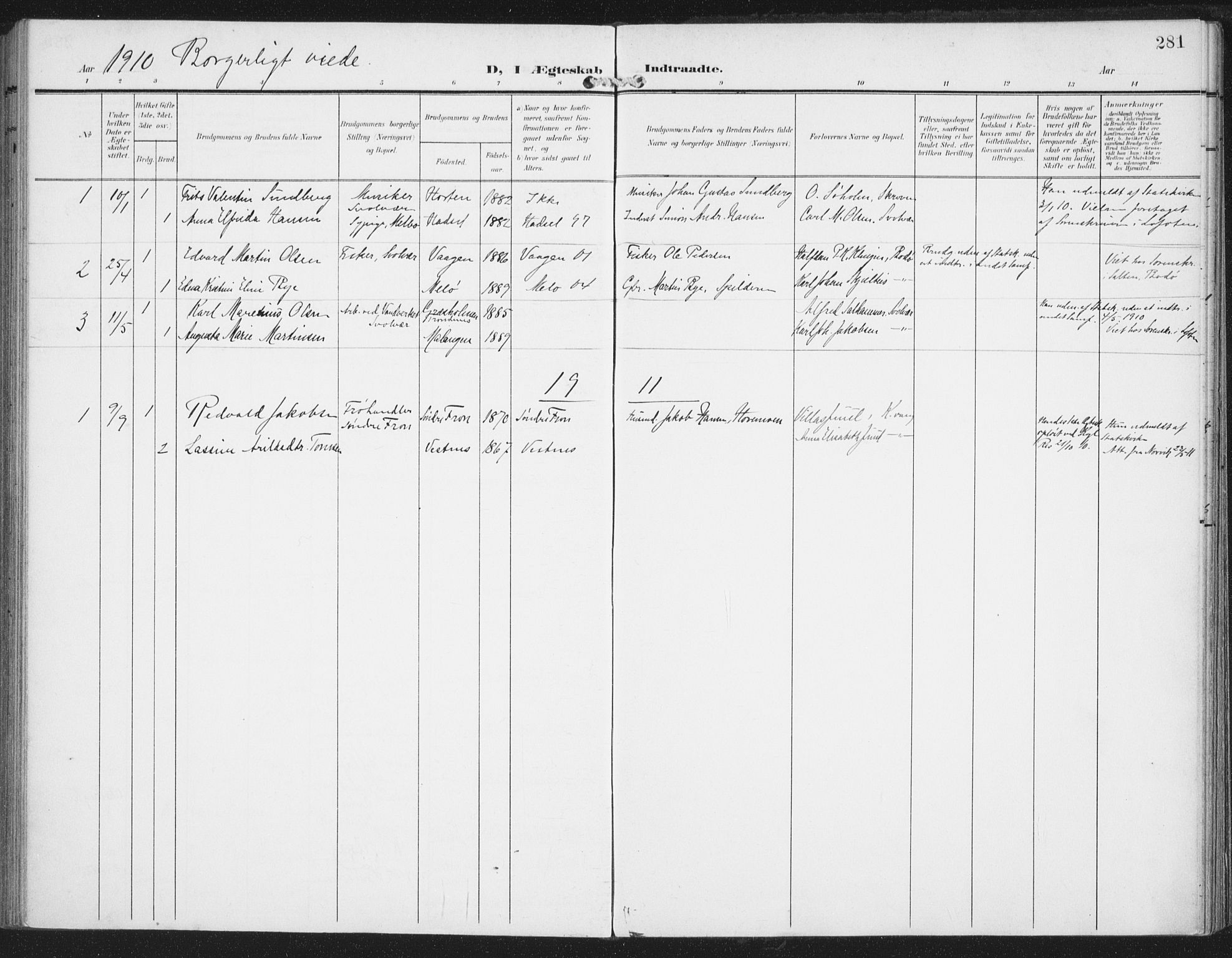 Ministerialprotokoller, klokkerbøker og fødselsregistre - Nordland, AV/SAT-A-1459/874/L1063: Parish register (official) no. 874A07, 1907-1915, p. 281