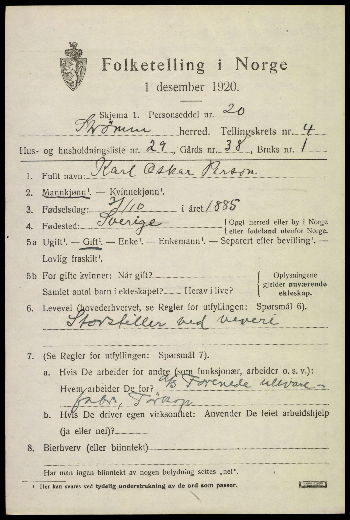 SAKO, 1920 census for Strømm, 1920, p. 3465