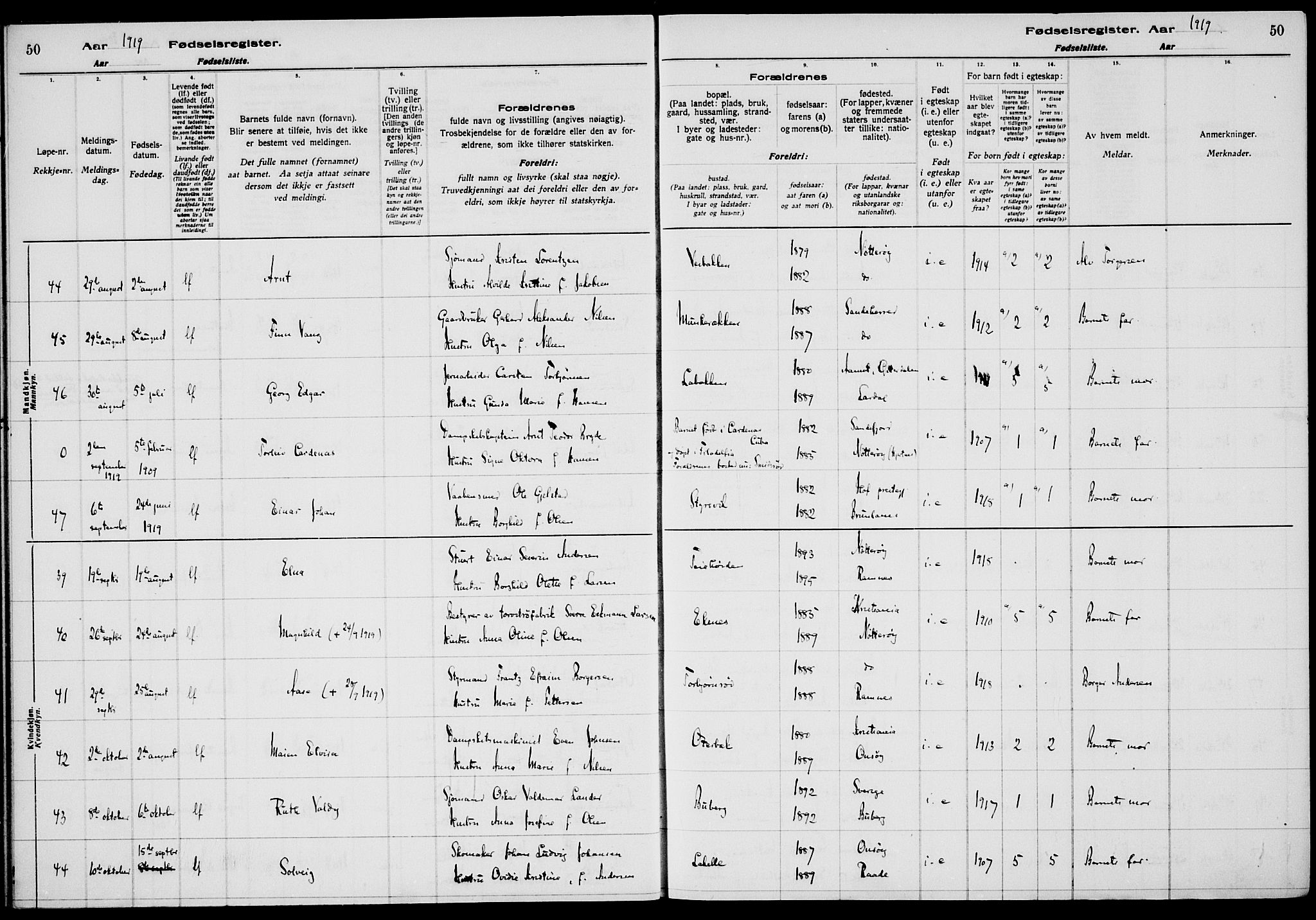 Nøtterøy kirkebøker, AV/SAKO-A-354/J/Ja/L0001: Birth register no. 1, 1916-1928, p. 50