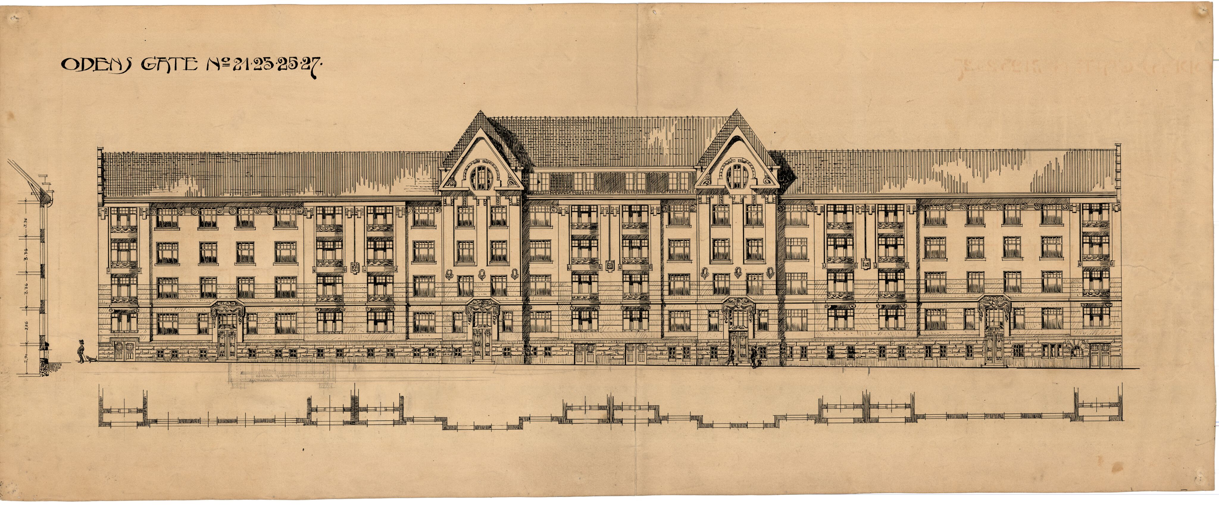 Syver Nielsen Arkitekt, OBA/A-70230/T/L0012/0005: Bygdøy allé 49 (bensinstasjon); Thors gate 1 (Tors gate 1); Odins gate 21-27 / Odins gate 21-27 Fasade, p. 1