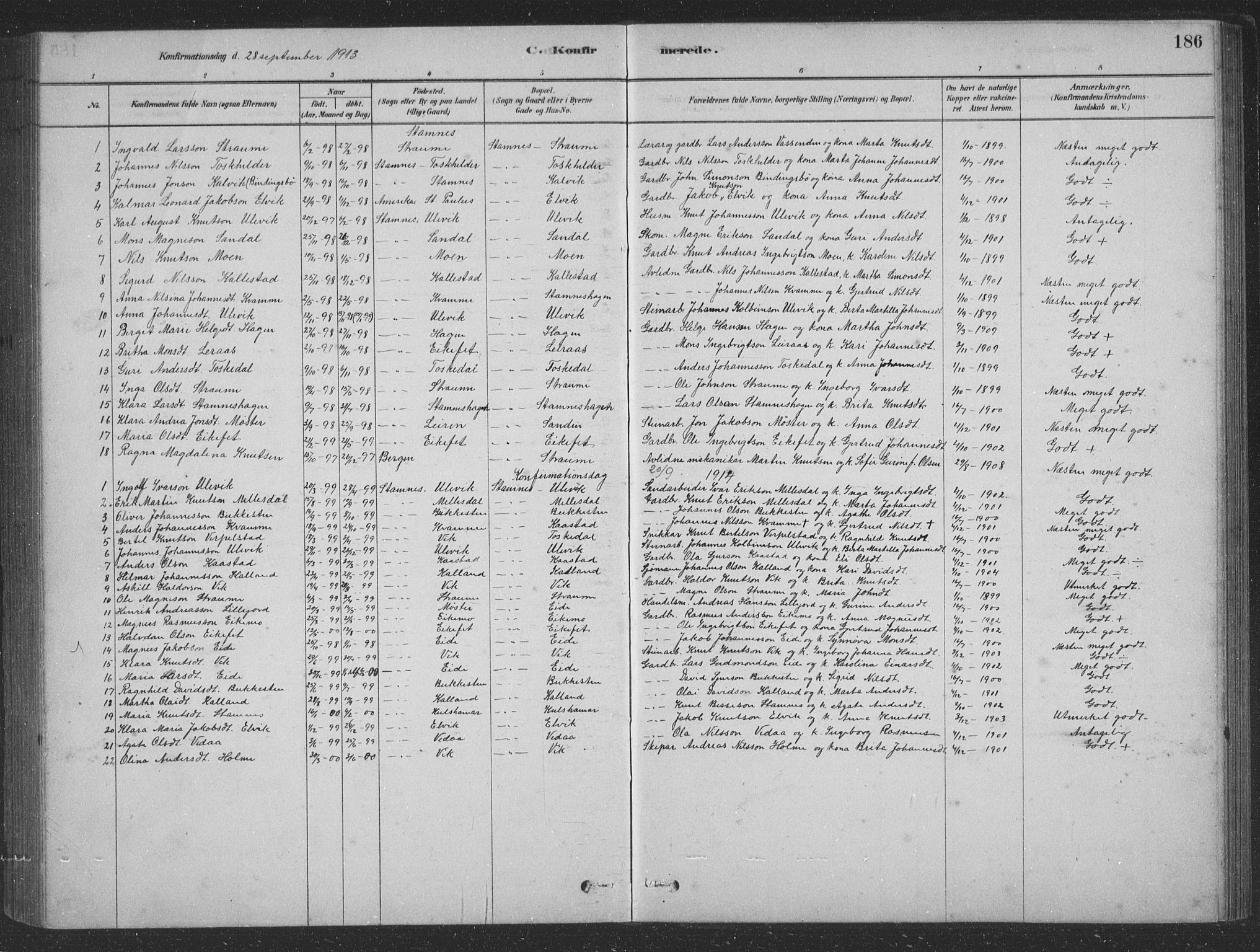 Vaksdal Sokneprestembete, SAB/A-78901/H/Hab: Parish register (copy) no. D 1, 1878-1939, p. 186