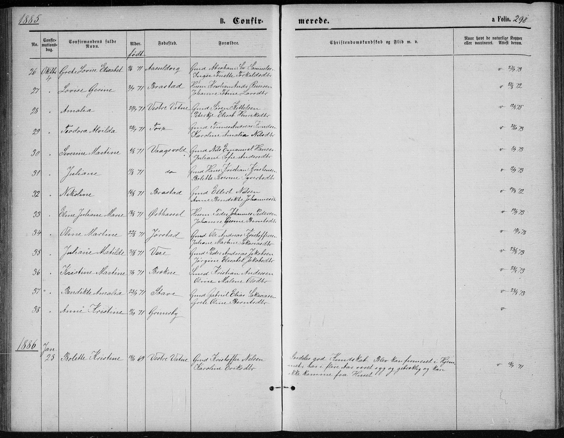 Lista sokneprestkontor, SAK/1111-0027/F/Fb/L0004: Parish register (copy) no. B 4, 1877-1891, p. 298