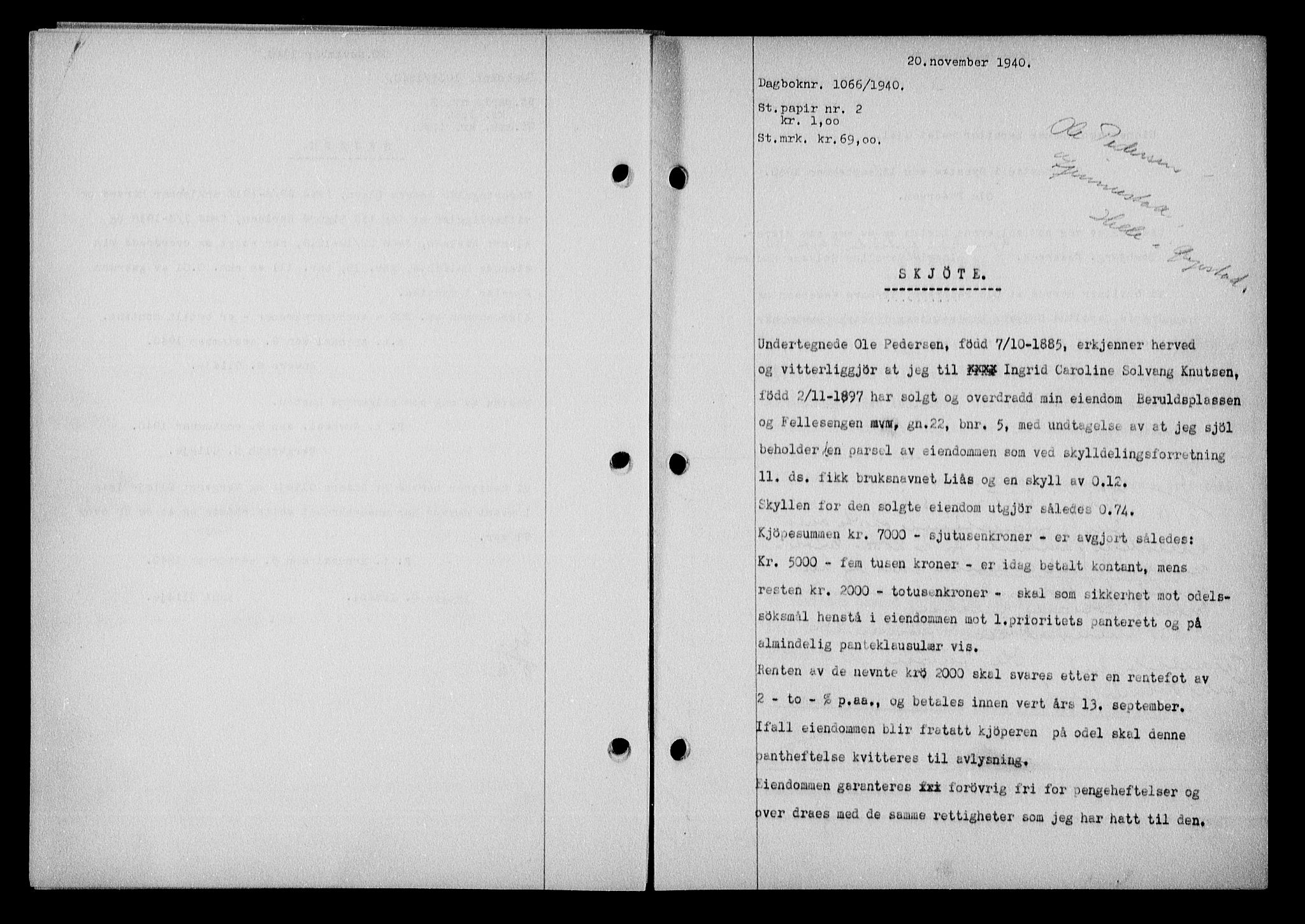 Nedenes sorenskriveri, SAK/1221-0006/G/Gb/Gba/L0048: Mortgage book no. A-II, 1940-1941, Diary no: : 1066/1940