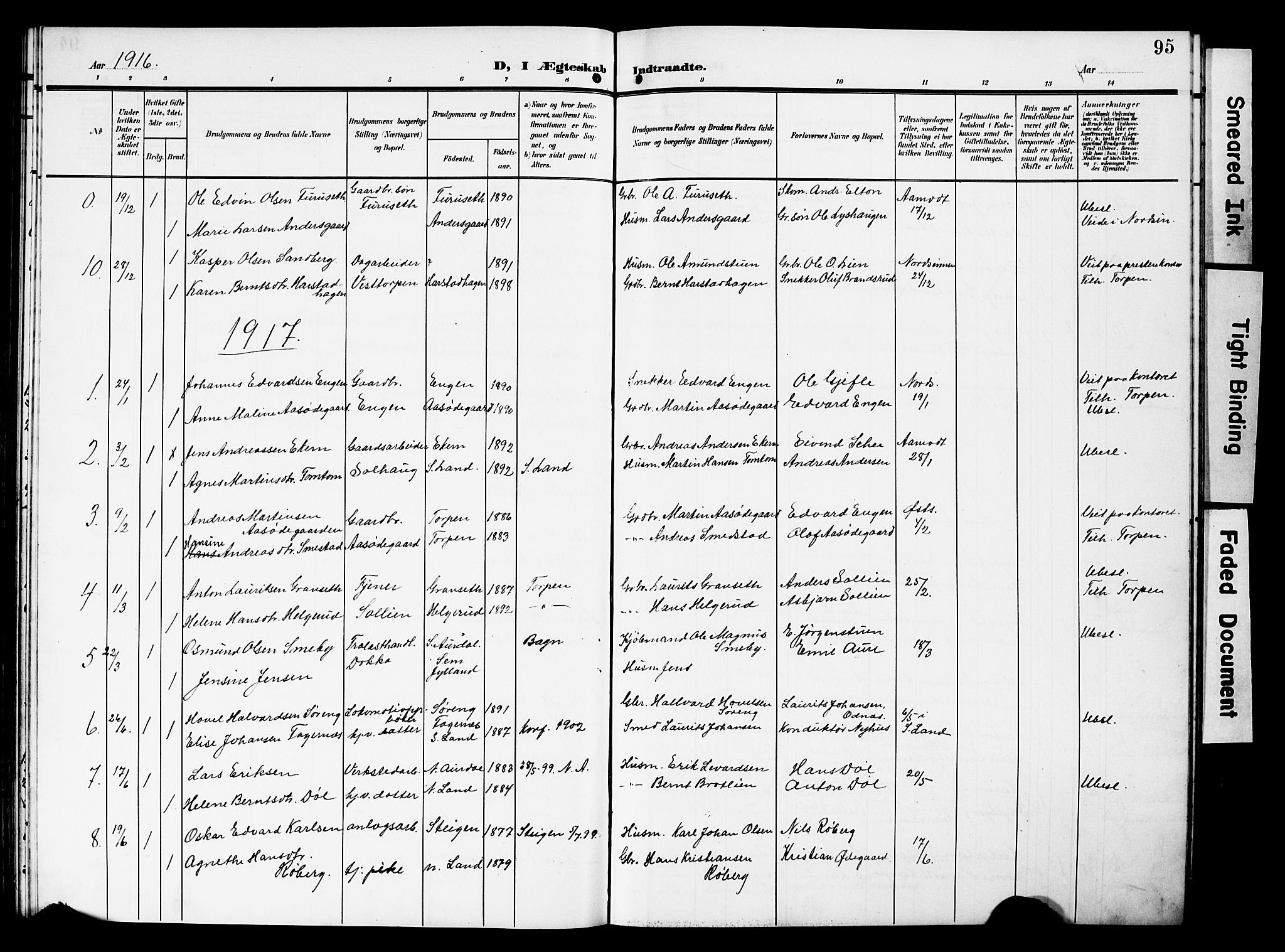 Nordre Land prestekontor, AV/SAH-PREST-124/H/Ha/Hab/L0001: Parish register (copy) no. 1, 1908-1931, p. 95