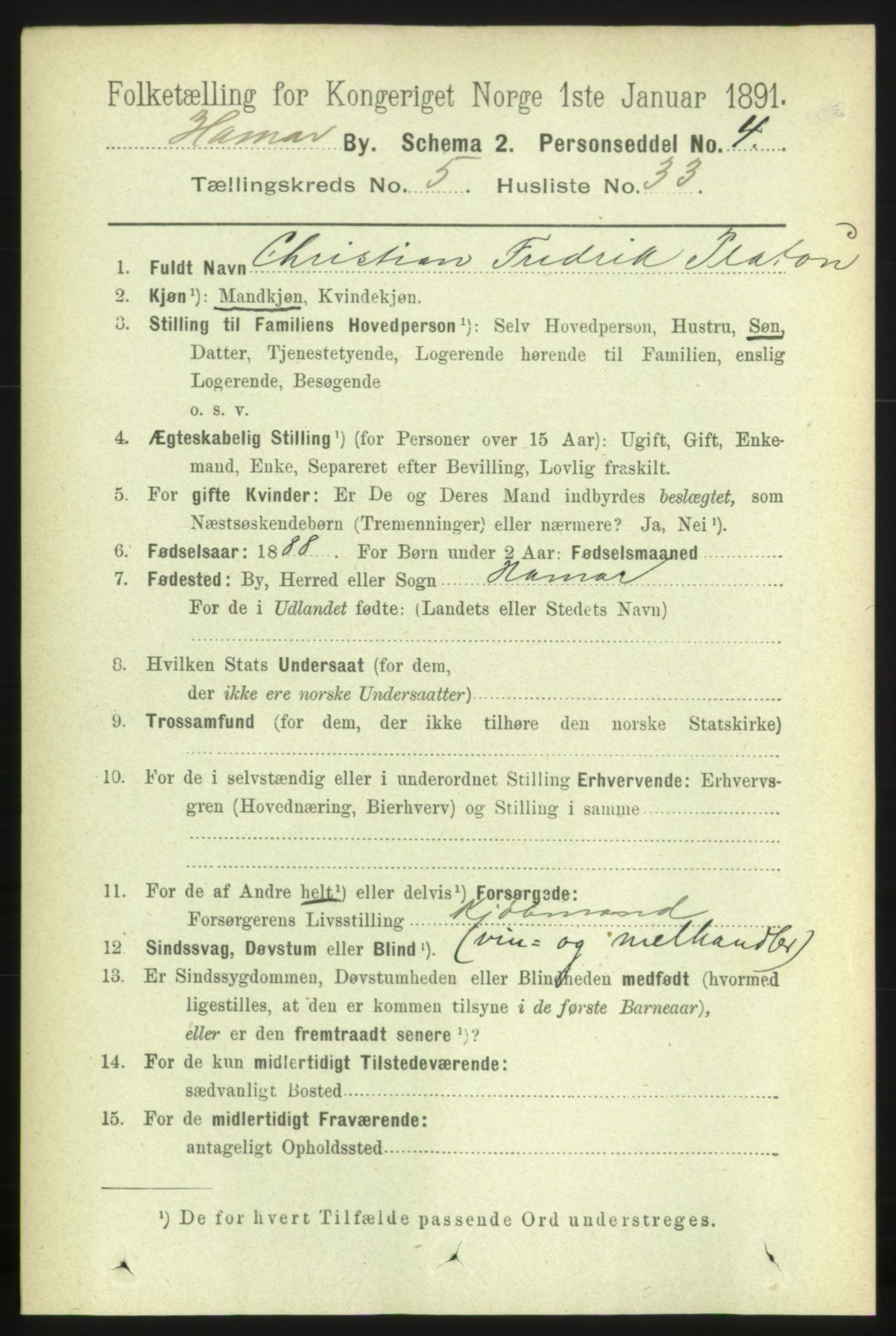RA, 1891 census for 0401 Hamar, 1891, p. 4198