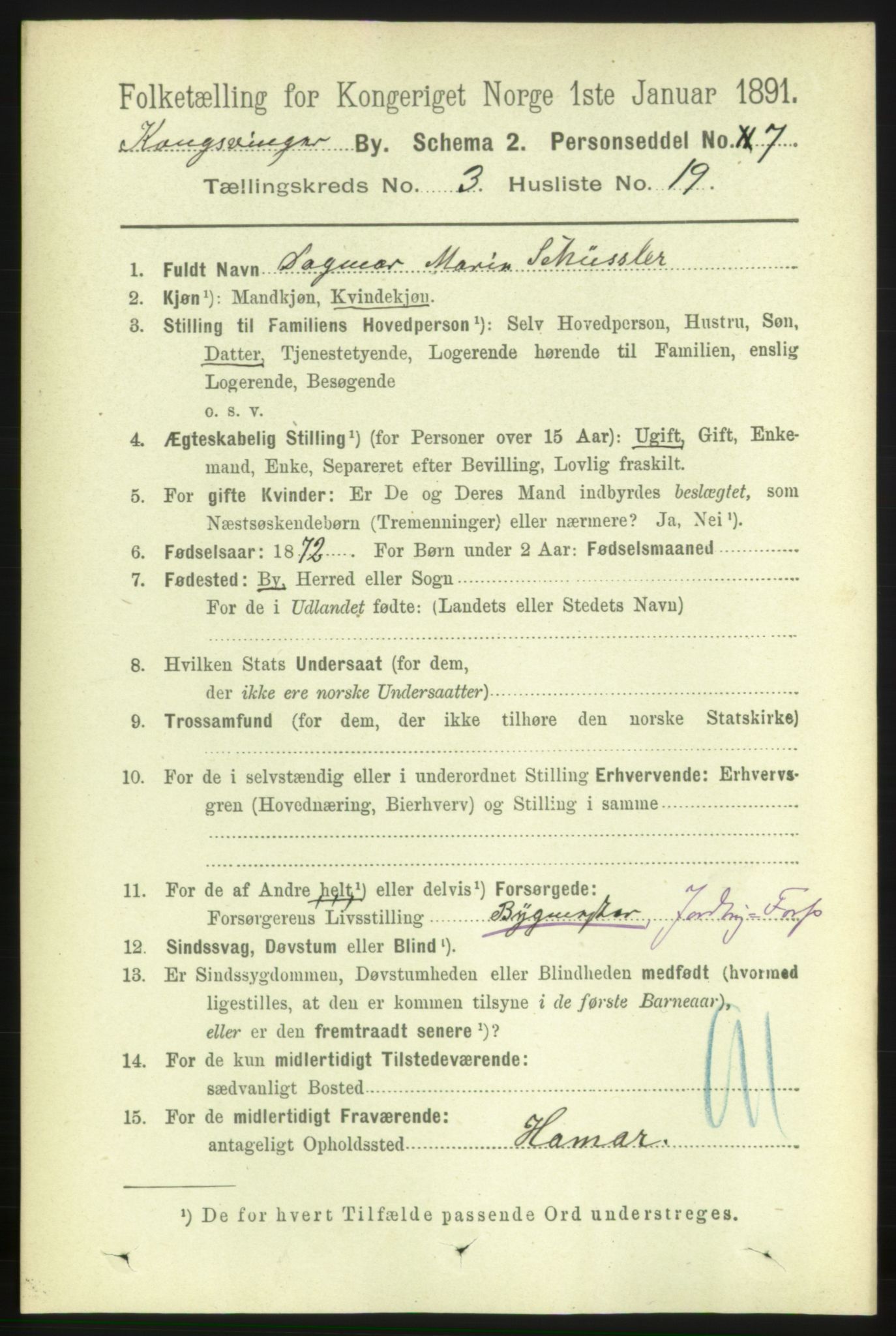 RA, 1891 census for 0402 Kongsvinger, 1891, p. 1334