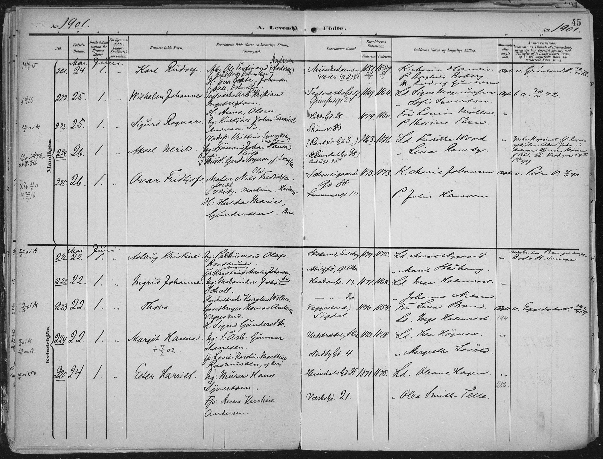 Rikshospitalet prestekontor Kirkebøker, SAO/A-10309b/F/L0012: Parish register (official) no. 12, 1901-1904, p. 45