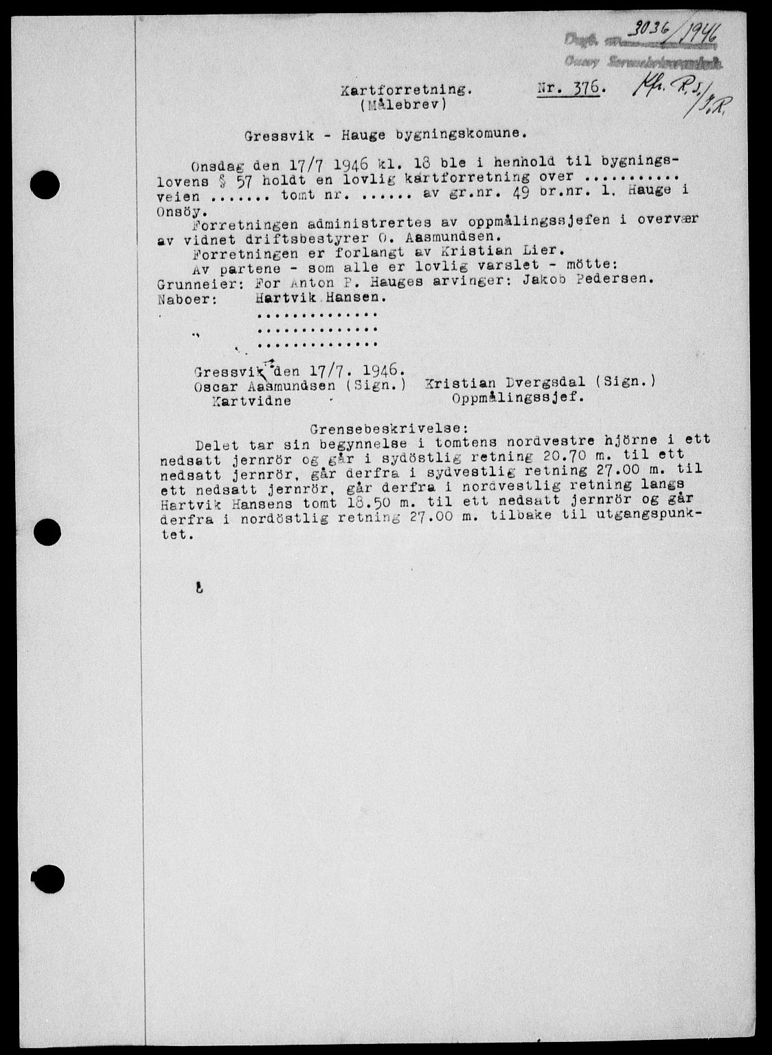 Onsøy sorenskriveri, SAO/A-10474/G/Ga/Gab/L0018: Mortgage book no. II A-18, 1946-1947, Diary no: : 3036/1946