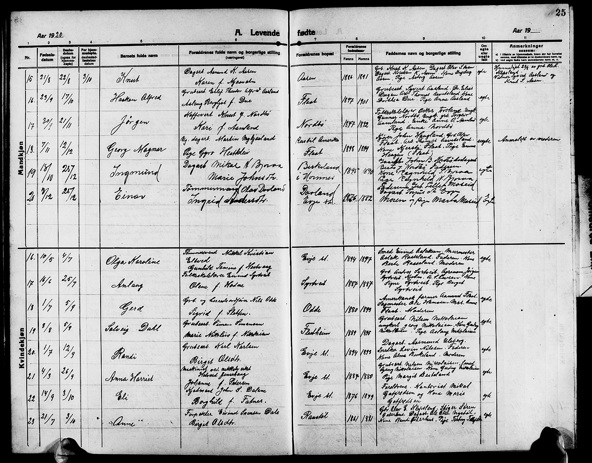 Evje sokneprestkontor, SAK/1111-0008/F/Fb/Fba/L0005: Parish register (copy) no. B 5, 1914-1926, p. 25