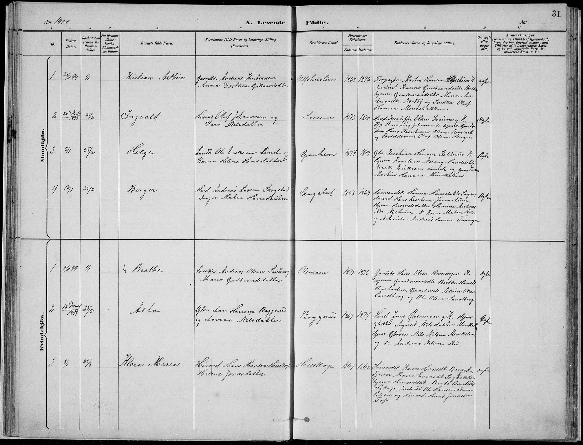 Nordre Land prestekontor, AV/SAH-PREST-124/H/Ha/Hab/L0013: Parish register (copy) no. 13, 1891-1904, p. 31