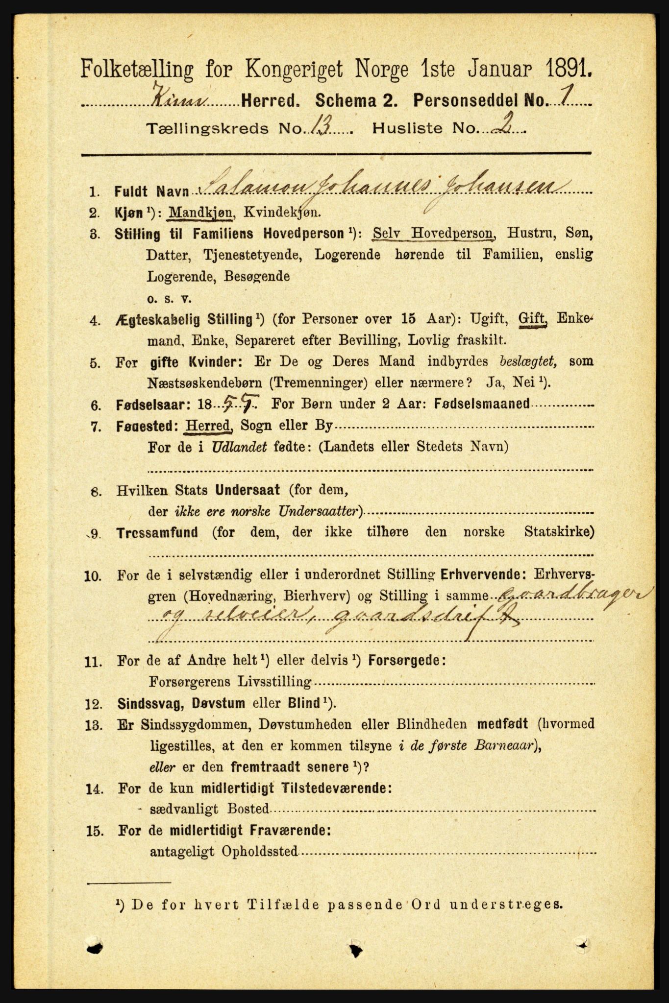 RA, 1891 census for 1437 Kinn, 1891, p. 5057