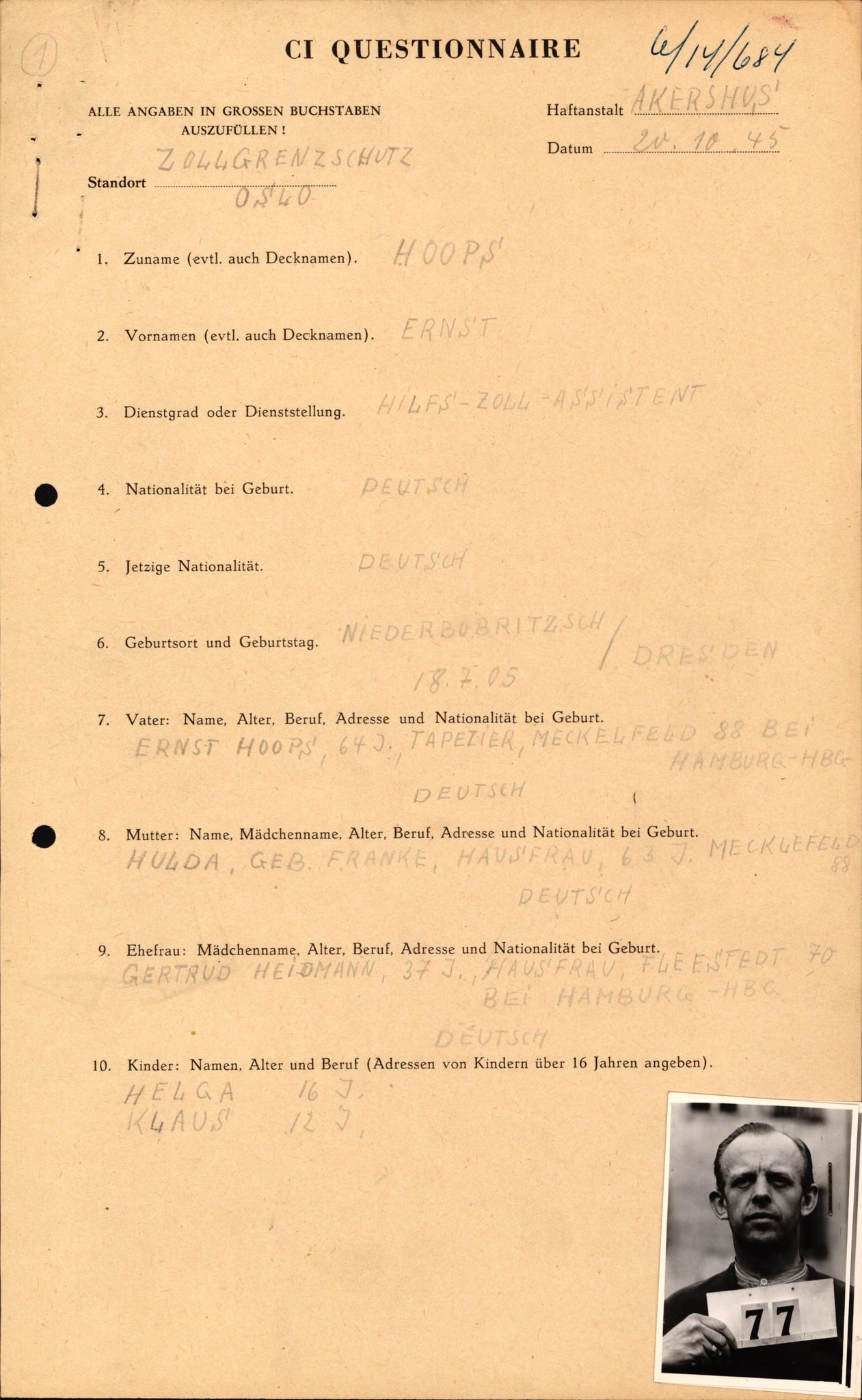 Forsvaret, Forsvarets overkommando II, AV/RA-RAFA-3915/D/Db/L0013: CI Questionaires. Tyske okkupasjonsstyrker i Norge. Tyskere., 1945-1946, p. 472