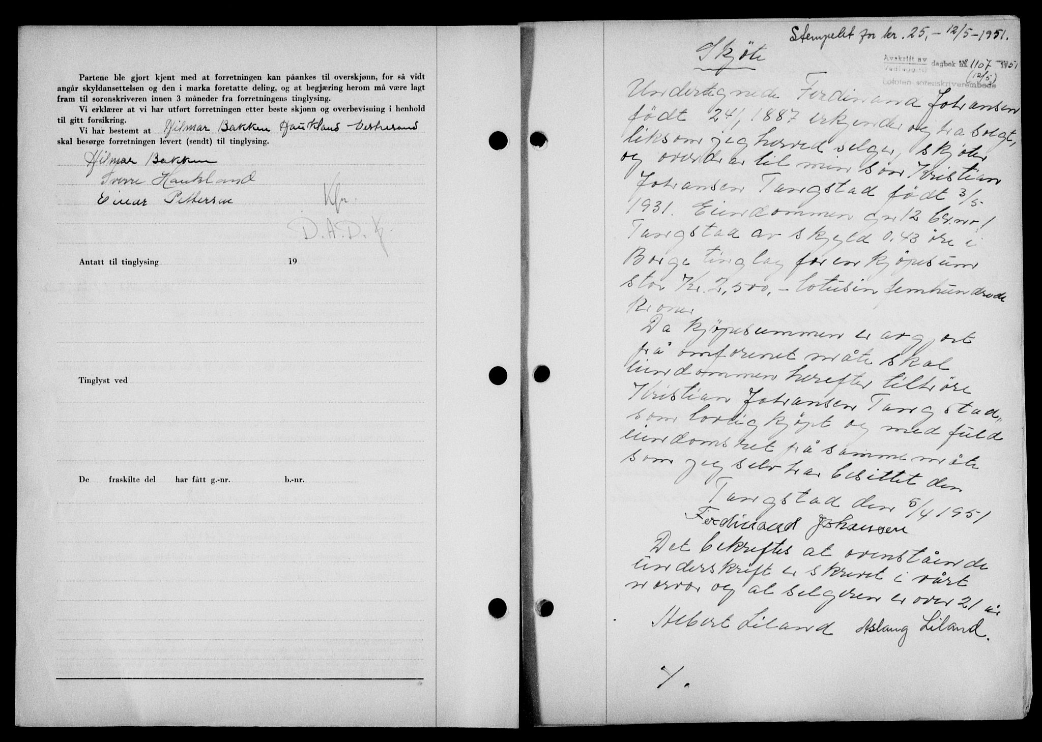 Lofoten sorenskriveri, SAT/A-0017/1/2/2C/L0025a: Mortgage book no. 25a, 1950-1951, Diary no: : 1107/1951