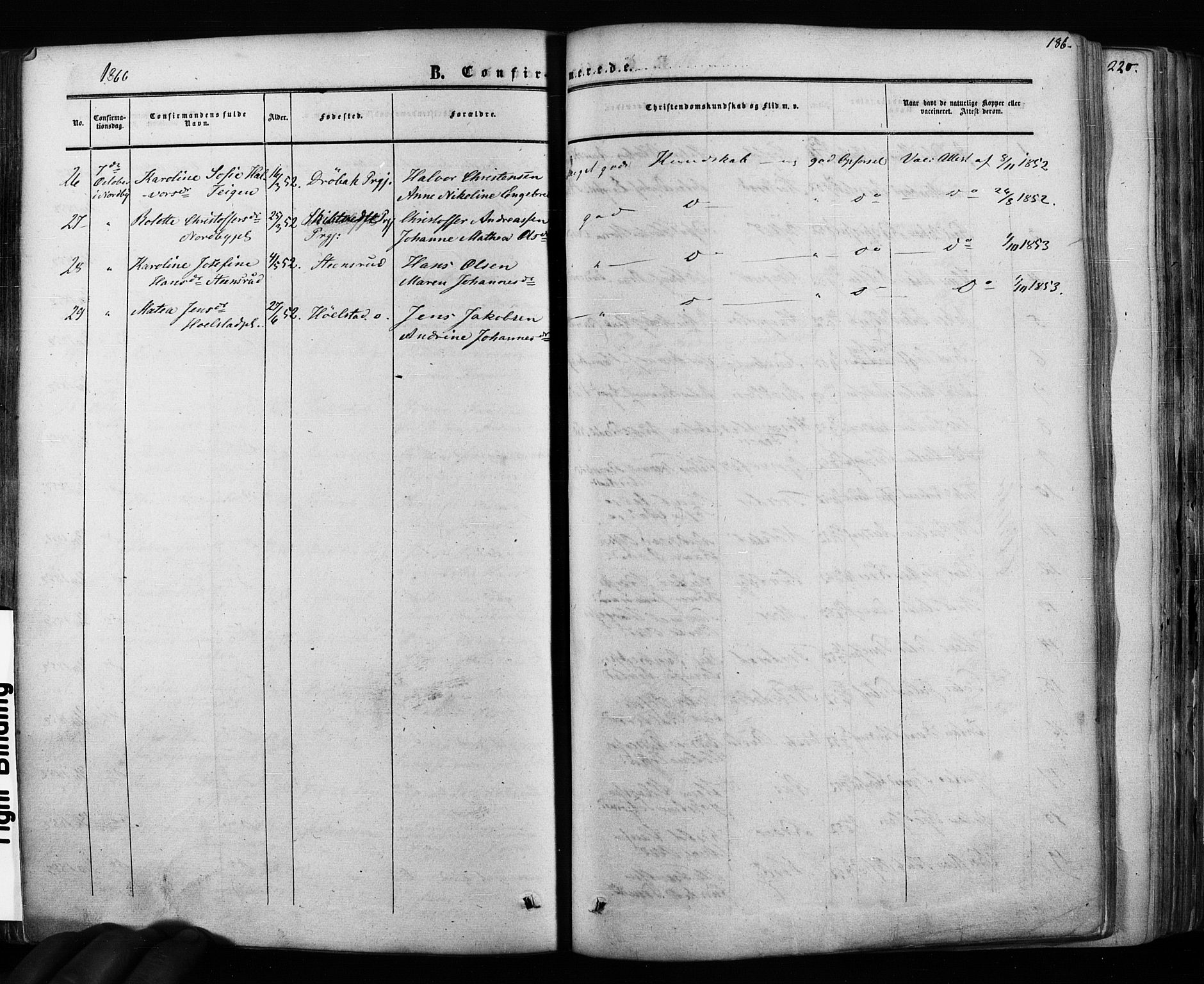 Ås prestekontor Kirkebøker, AV/SAO-A-10894/F/Fa/L0007: Parish register (official) no. I 7, 1854-1870, p. 186