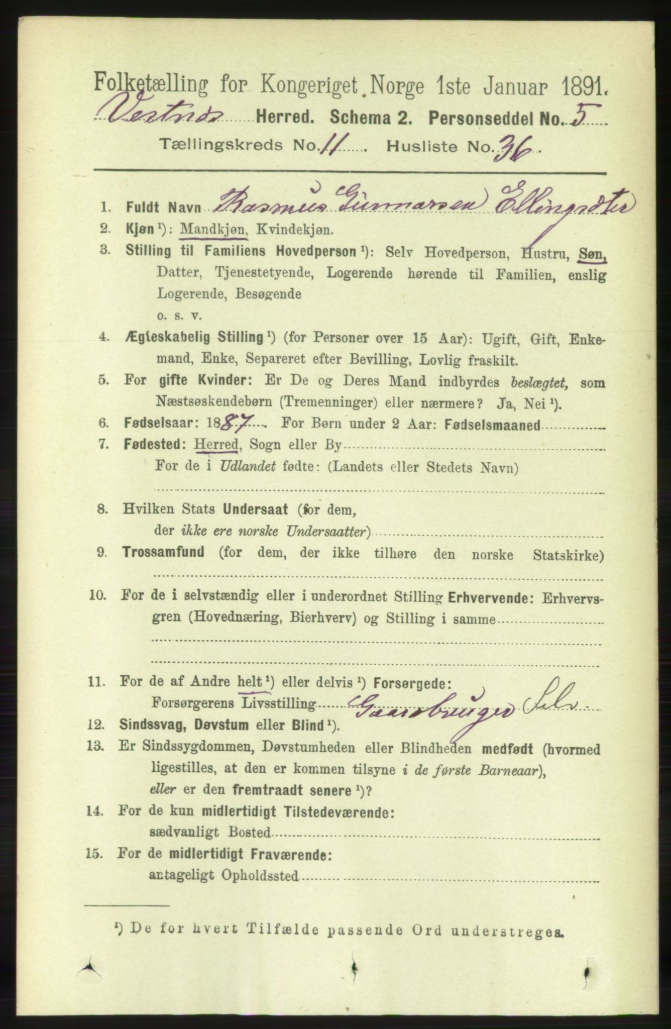 RA, 1891 census for 1535 Vestnes, 1891, p. 4134