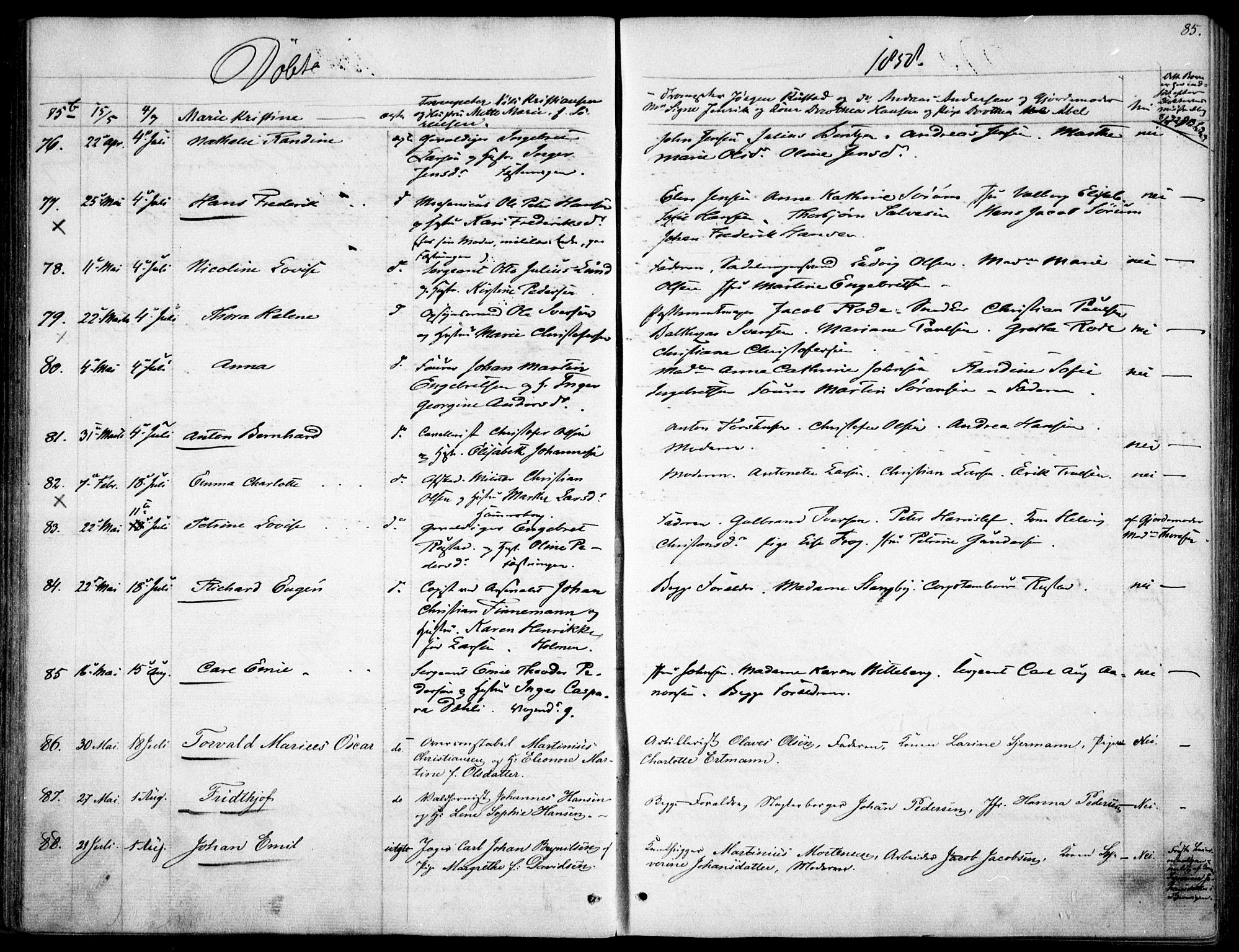 Garnisonsmenigheten Kirkebøker, AV/SAO-A-10846/F/Fa/L0009: Parish register (official) no. 9, 1842-1859, p. 85