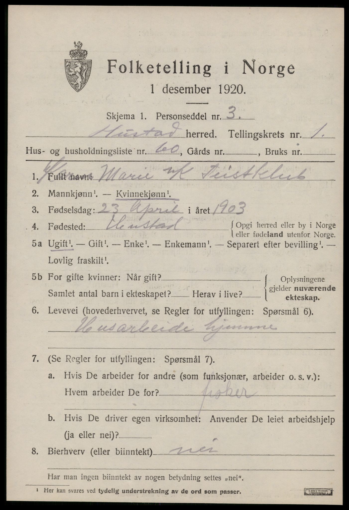 SAT, 1920 census for Hustad, 1920, p. 1481