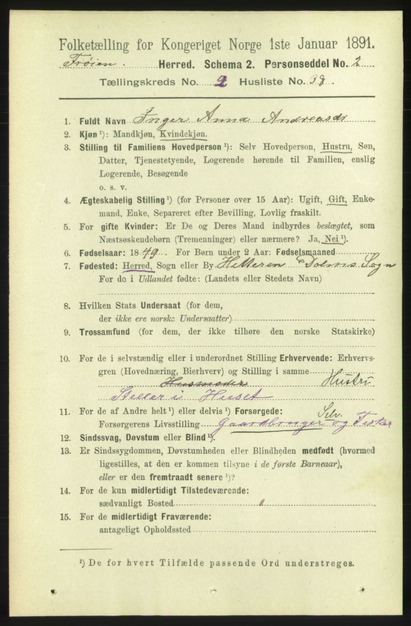 RA, 1891 census for 1619 Frøya, 1891, p. 1213