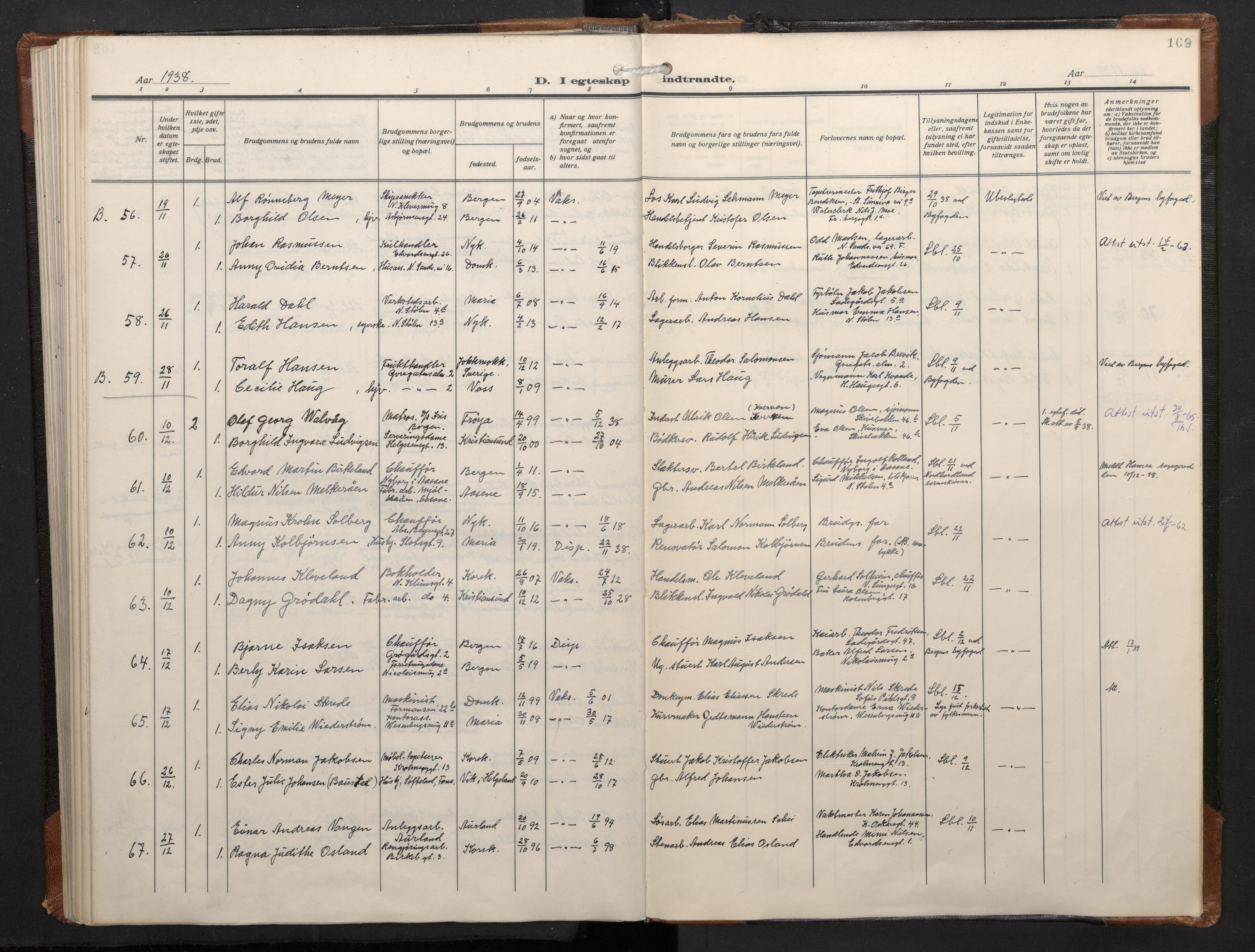 Mariakirken Sokneprestembete, SAB/A-76901/H/Haa/L0016: Parish register (official) no. C 4, 1927-1938, p. 168b-169a