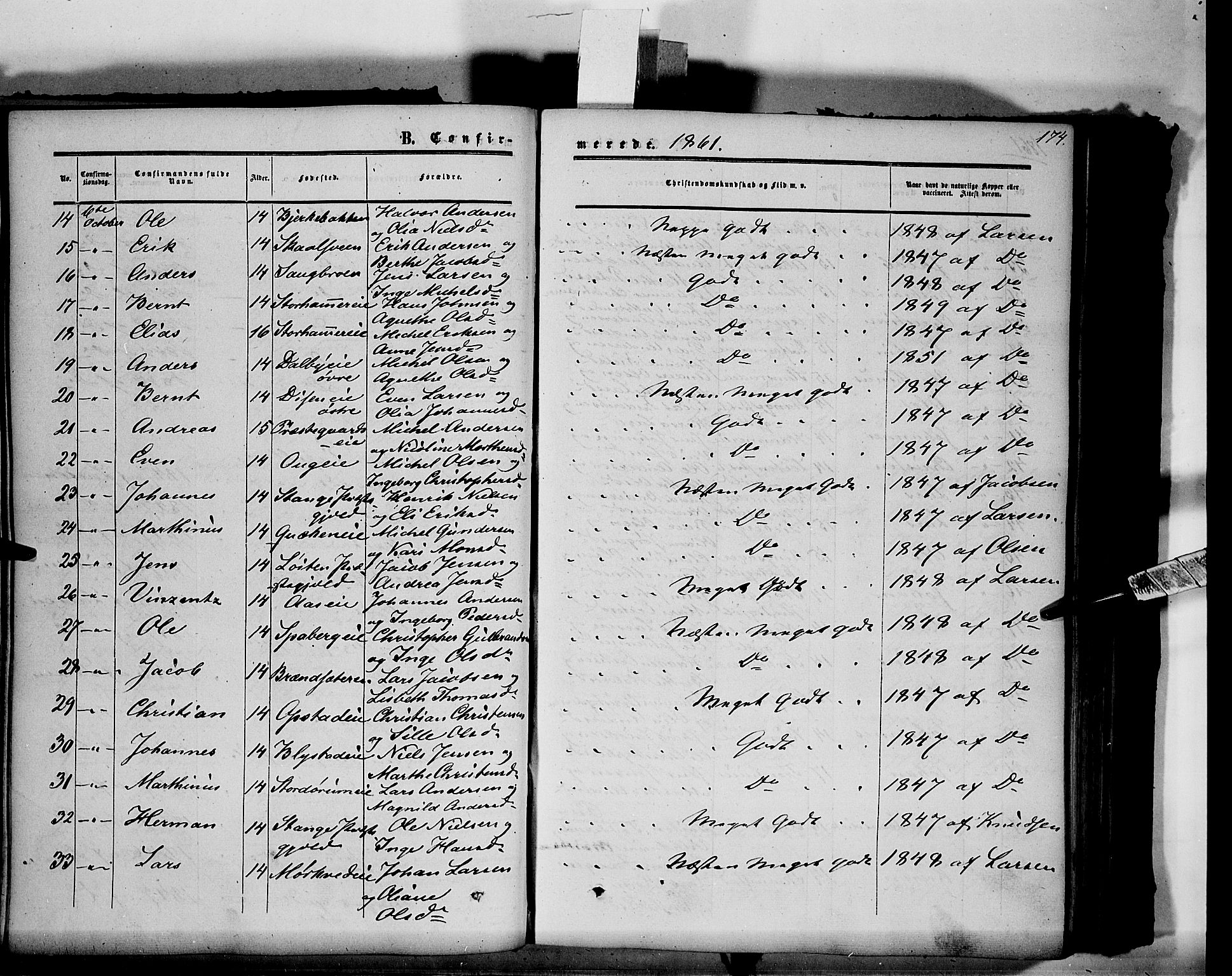 Vang prestekontor, Hedmark, AV/SAH-PREST-008/H/Ha/Haa/L0012: Parish register (official) no. 12, 1855-1870, p. 174