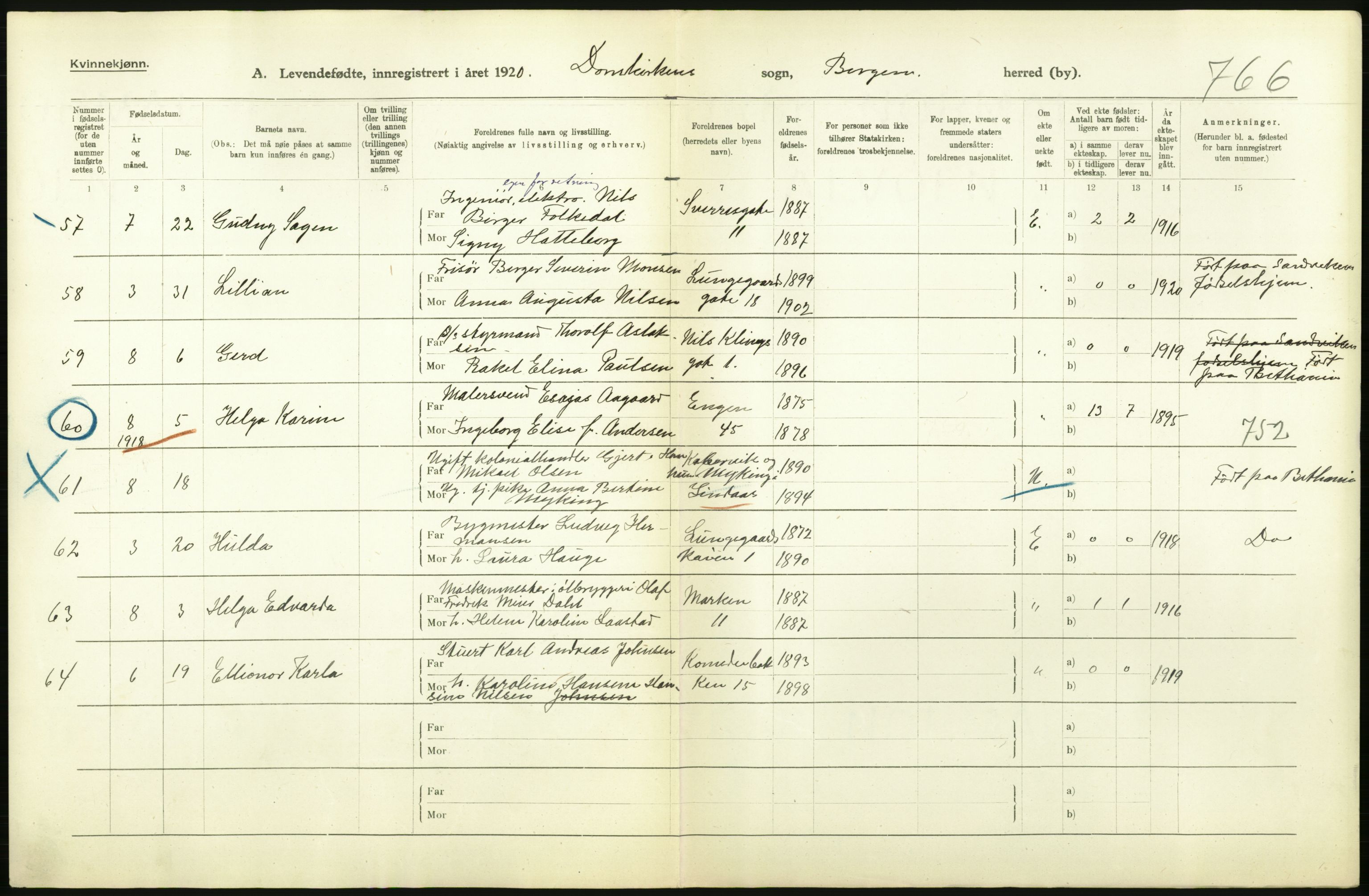 Statistisk sentralbyrå, Sosiodemografiske emner, Befolkning, AV/RA-S-2228/D/Df/Dfb/Dfbj/L0041: Bergen: Levendefødte menn og kvinner., 1920, p. 14