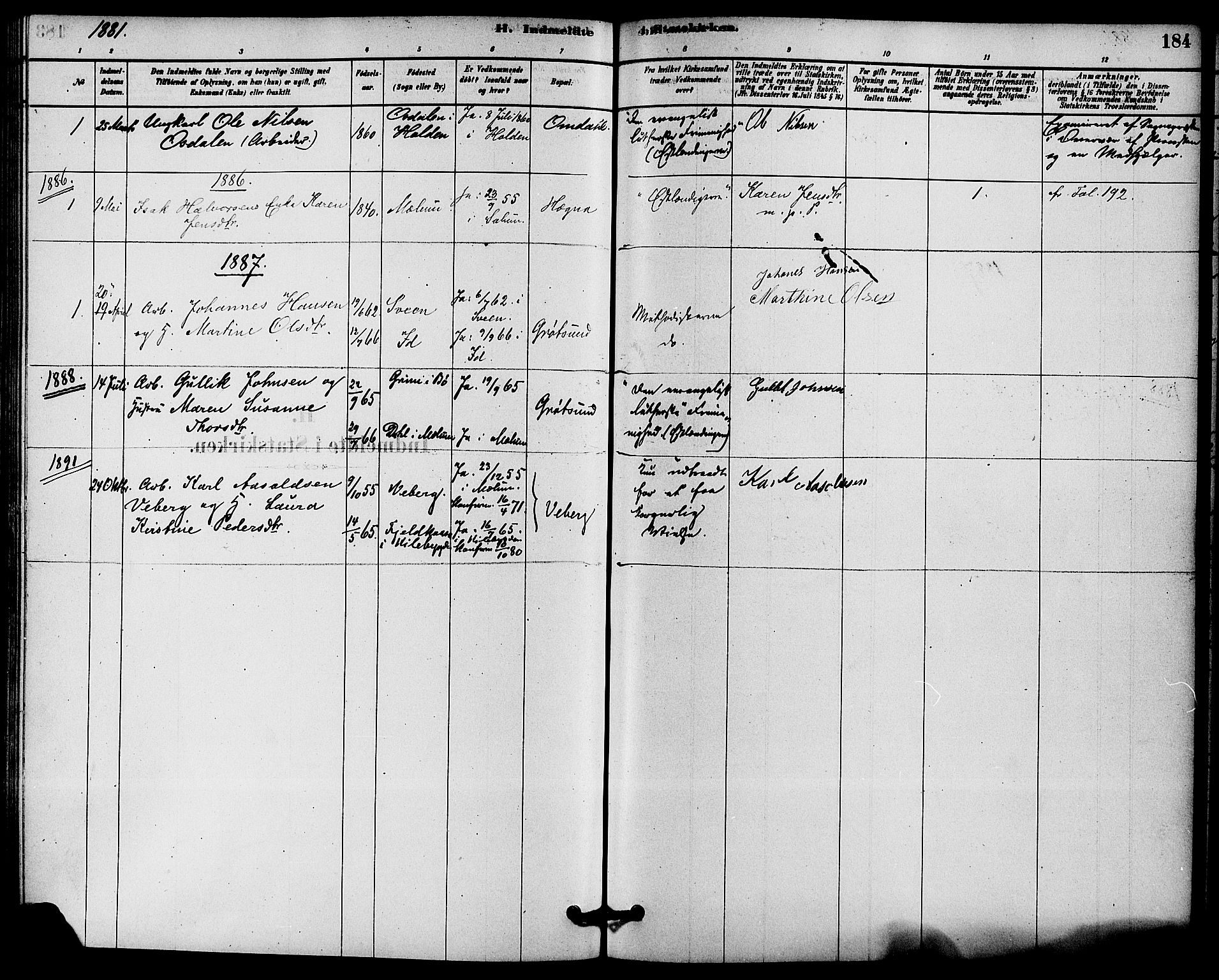 Solum kirkebøker, AV/SAKO-A-306/F/Fb/L0001: Parish register (official) no. II 1, 1877-1892, p. 184