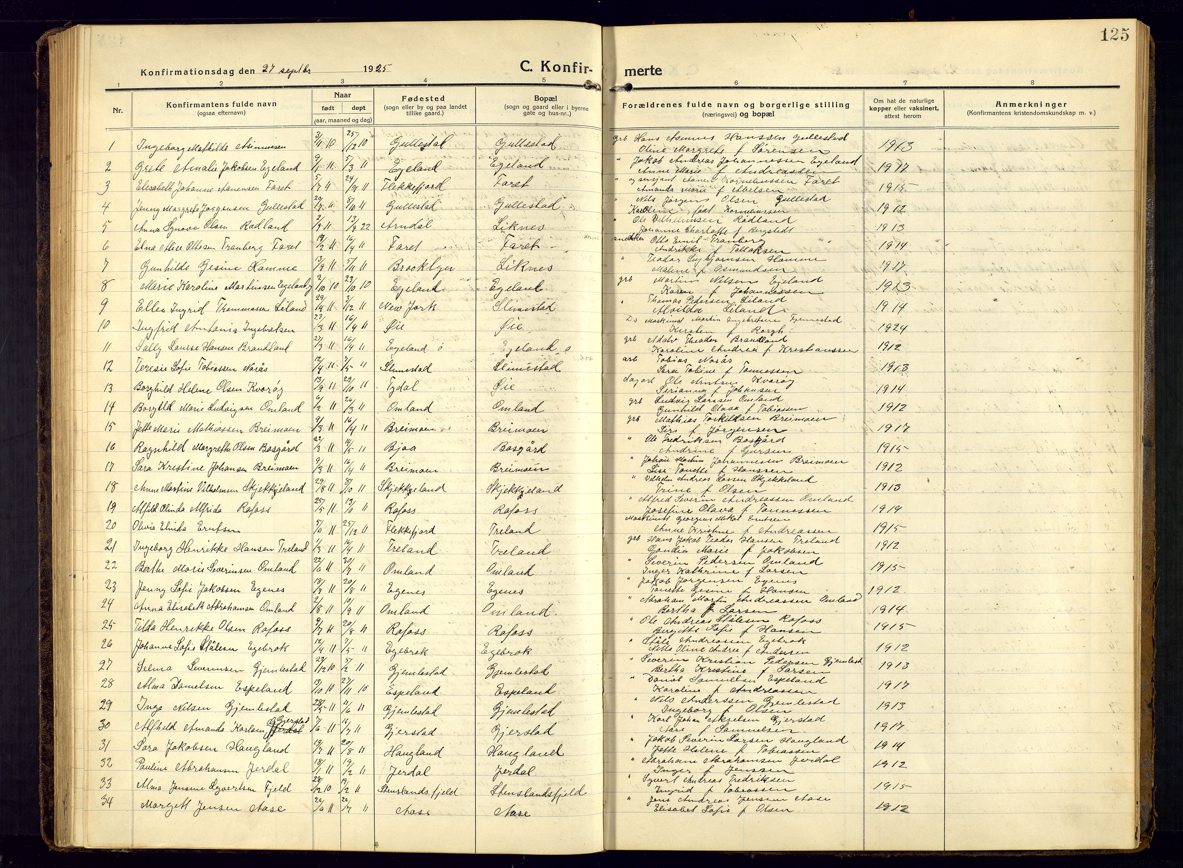 Kvinesdal sokneprestkontor, AV/SAK-1111-0026/F/Fb/Fbb/L0004: Parish register (copy) no. B 4, 1917-1938, p. 125