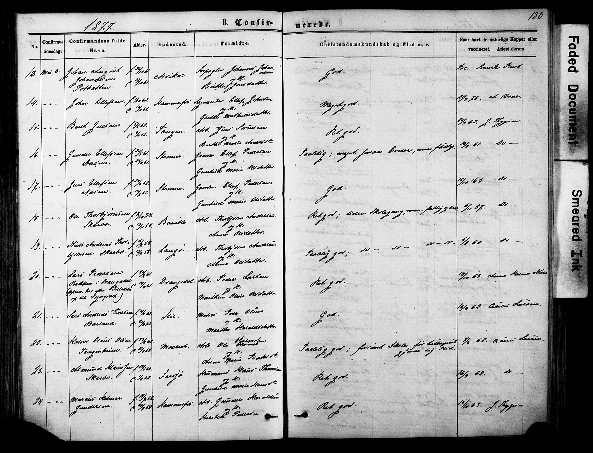 Sannidal kirkebøker, SAKO/A-296/F/Fa/L0014: Parish register (official) no. 14, 1874-1883, p. 130