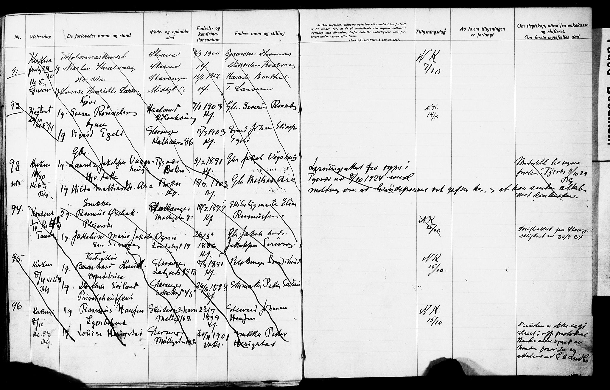 Domkirken sokneprestkontor, AV/SAST-A-101812/001/70/705BA/L0006: Banns register no. 6, 1914-1924