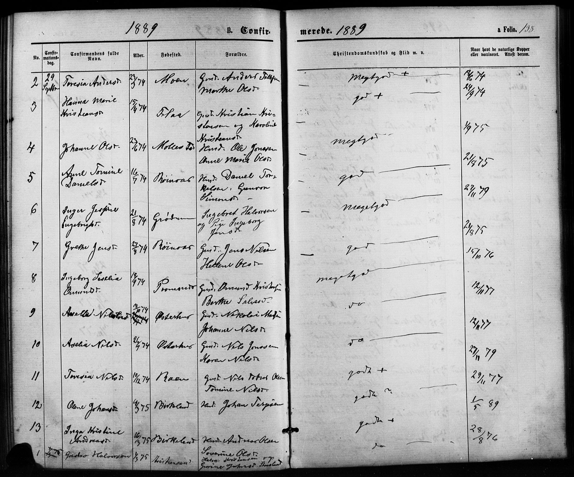 Birkenes sokneprestkontor, SAK/1111-0004/F/Fb/L0003: Parish register (copy) no. B 3, 1876-1892, p. 138